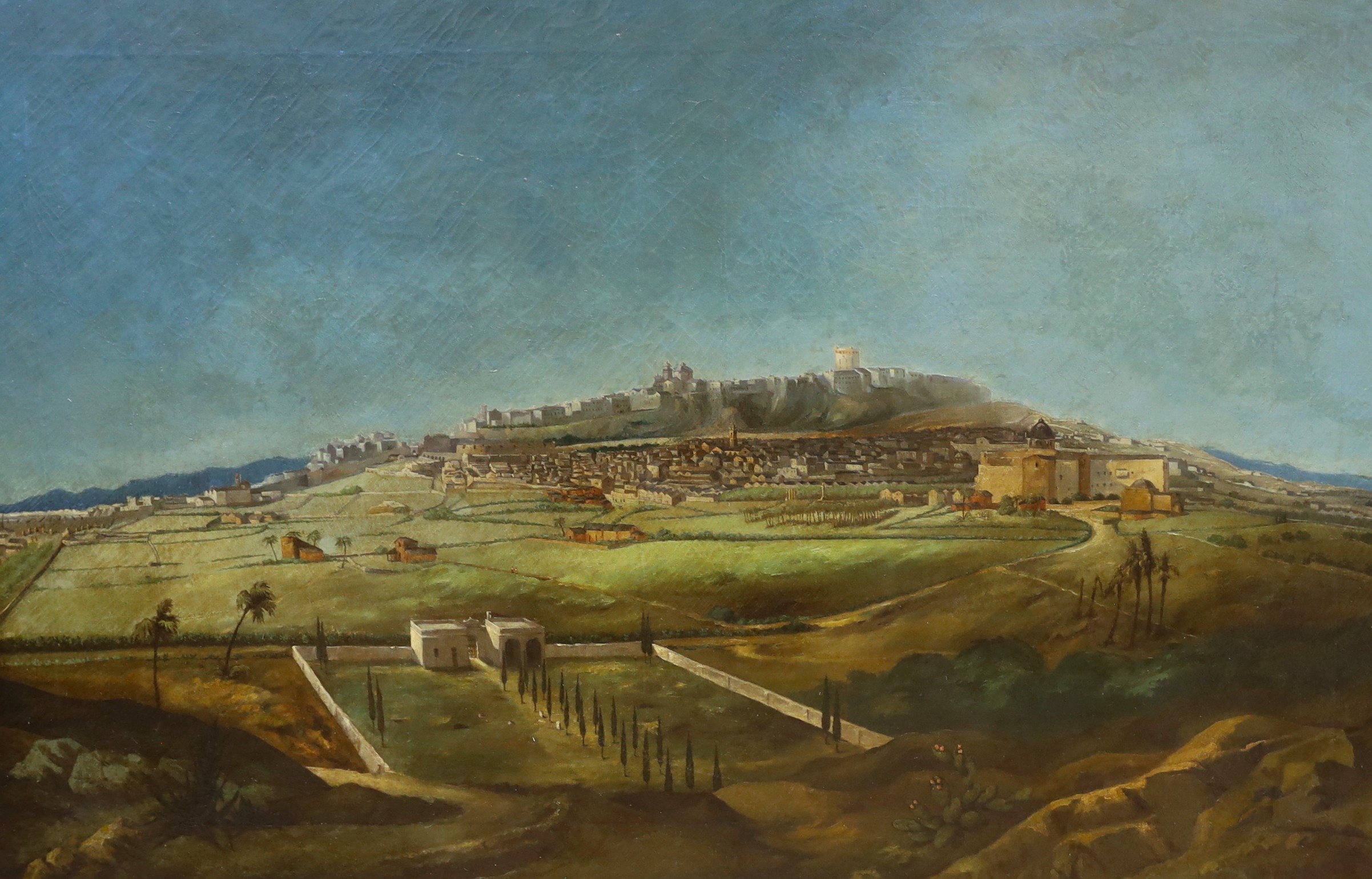 20th century English School, oil on canvas, View of Jerusalem, 63 x 98cm                                                                                                                                                    