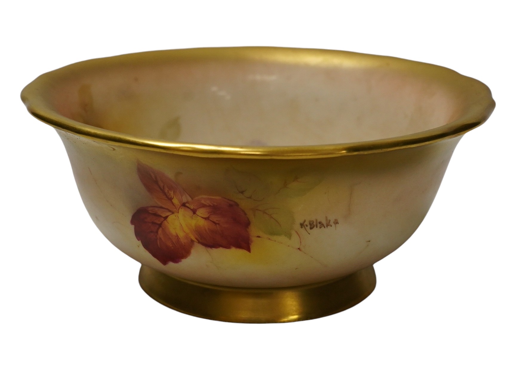 A Worcester bowl hand painted with fruit and leaves by Kitty Blake, 18cm diameter. Condition - good                                                                                                                         