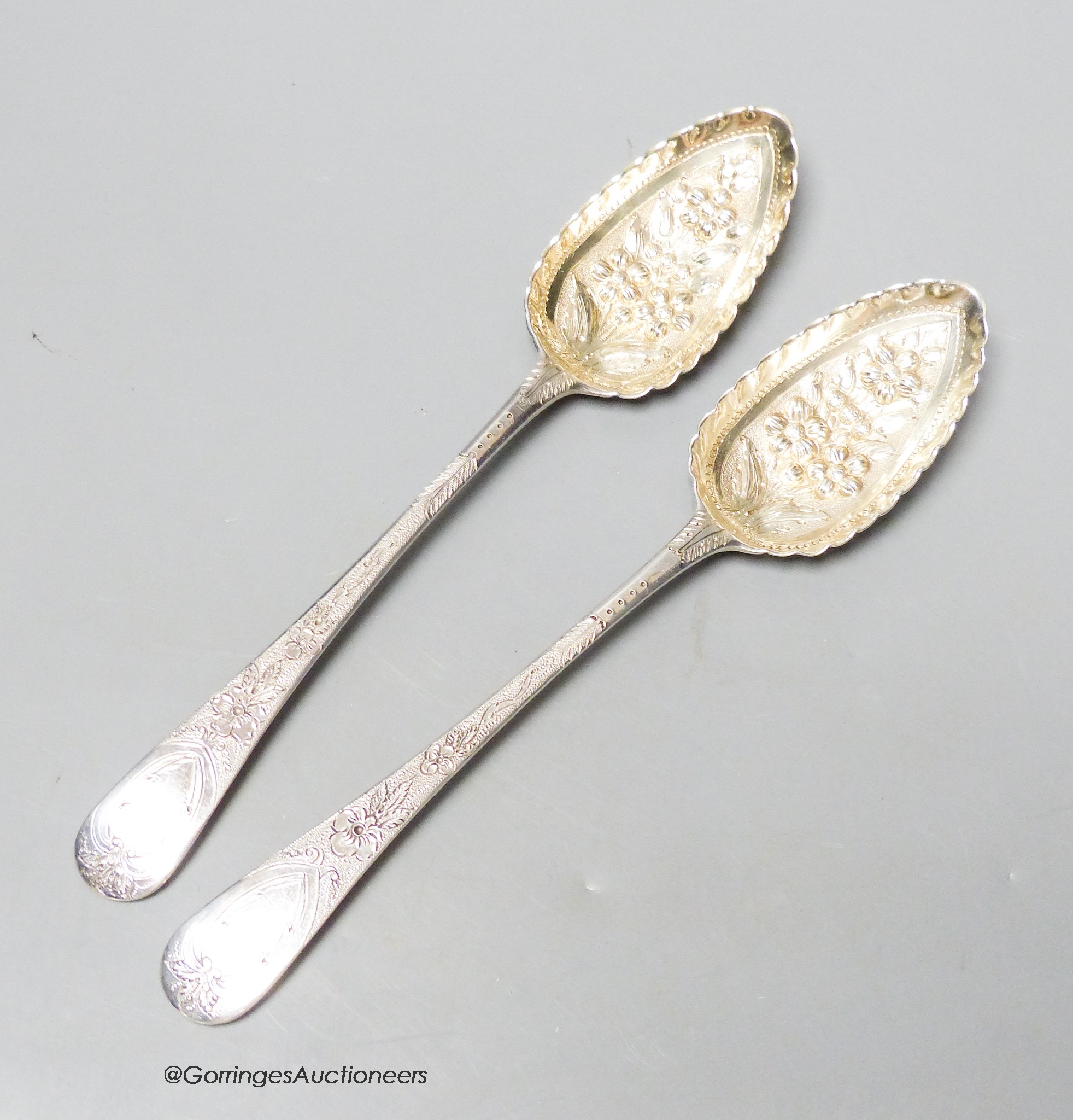 A pair of George III silver Old English pattern 'berry' spoons, Smith & Fearn, London, 1790, 22cm, 4oz.                                                                                                                     