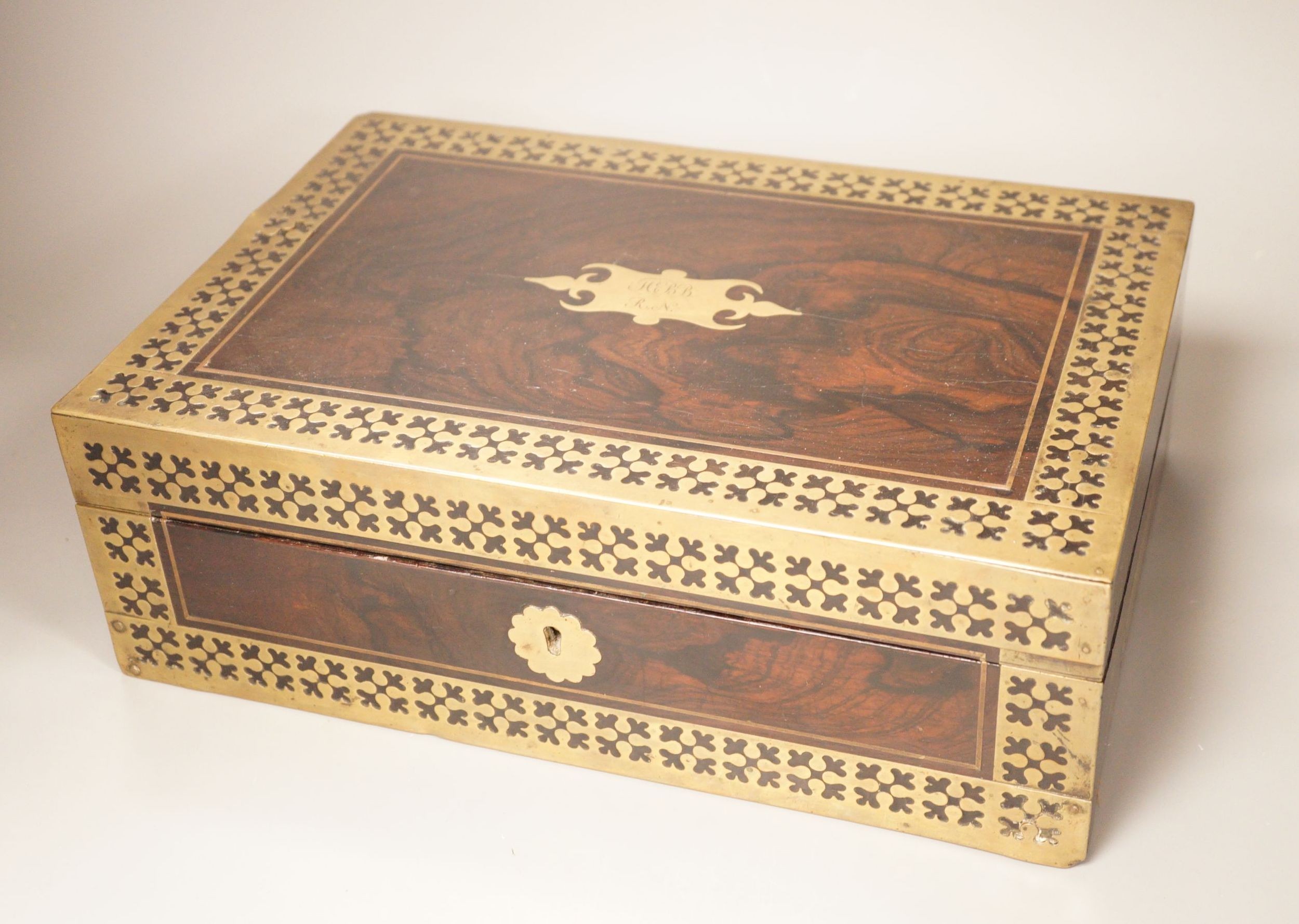 A George IV cut brass banded rosewood writing box, 35cm                                                                                                                                                                     