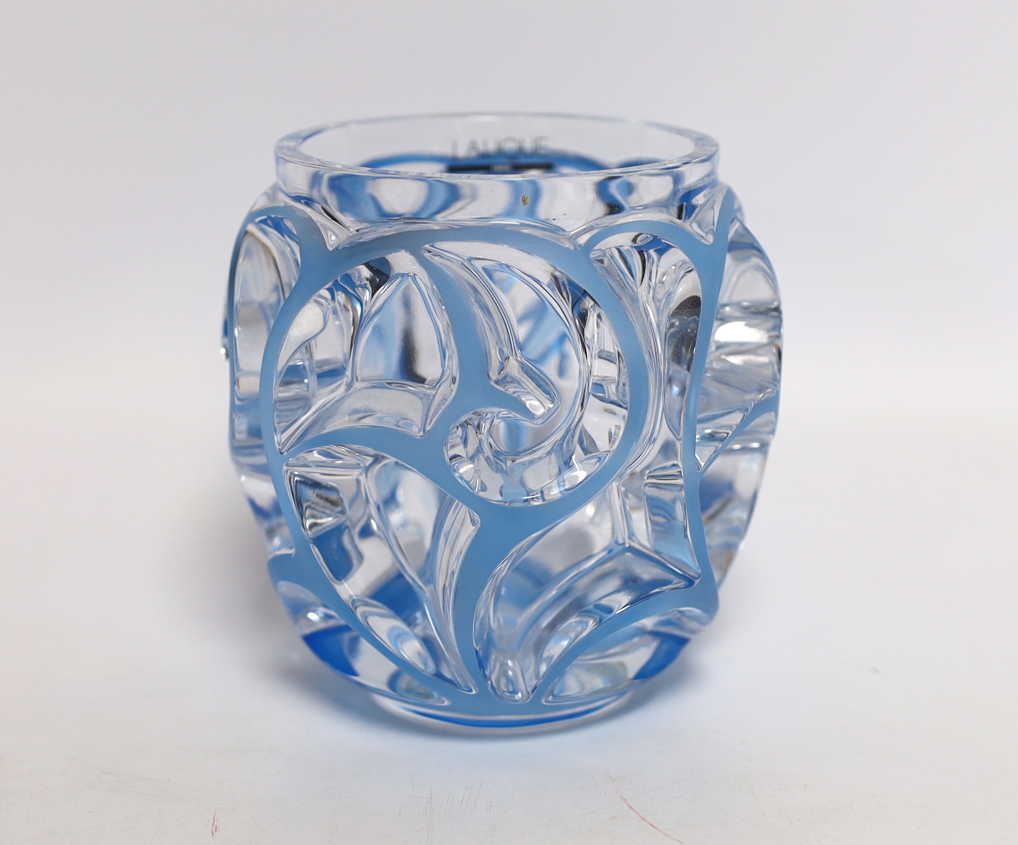 A modern Lalique Tourbillons blue overlaid glass vase with box, signed to the base, 13cm high                                                                                                                               