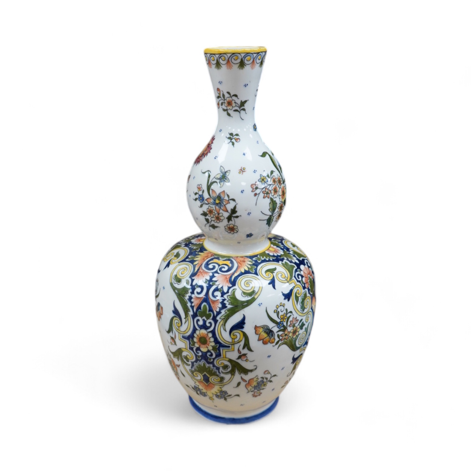 A French faience double gourd shaped vase, 43cm. Condition - good                                                                                                                                                           