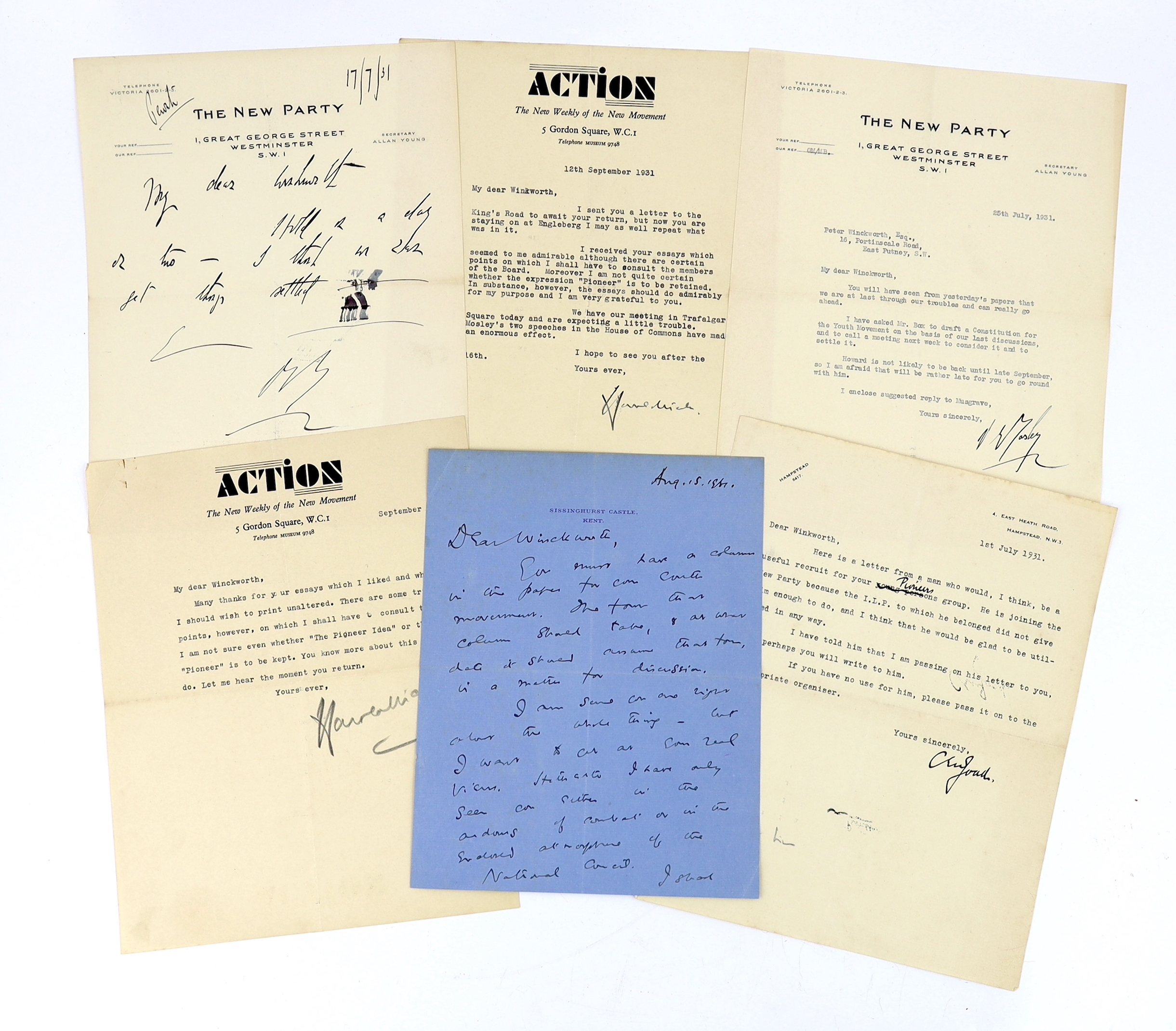 Oswald Mosley, Harold Nicolson, Cyril Joad and The New Party, 1931; six letters to Peter Winckworth, July – September 1931                                                                                                  