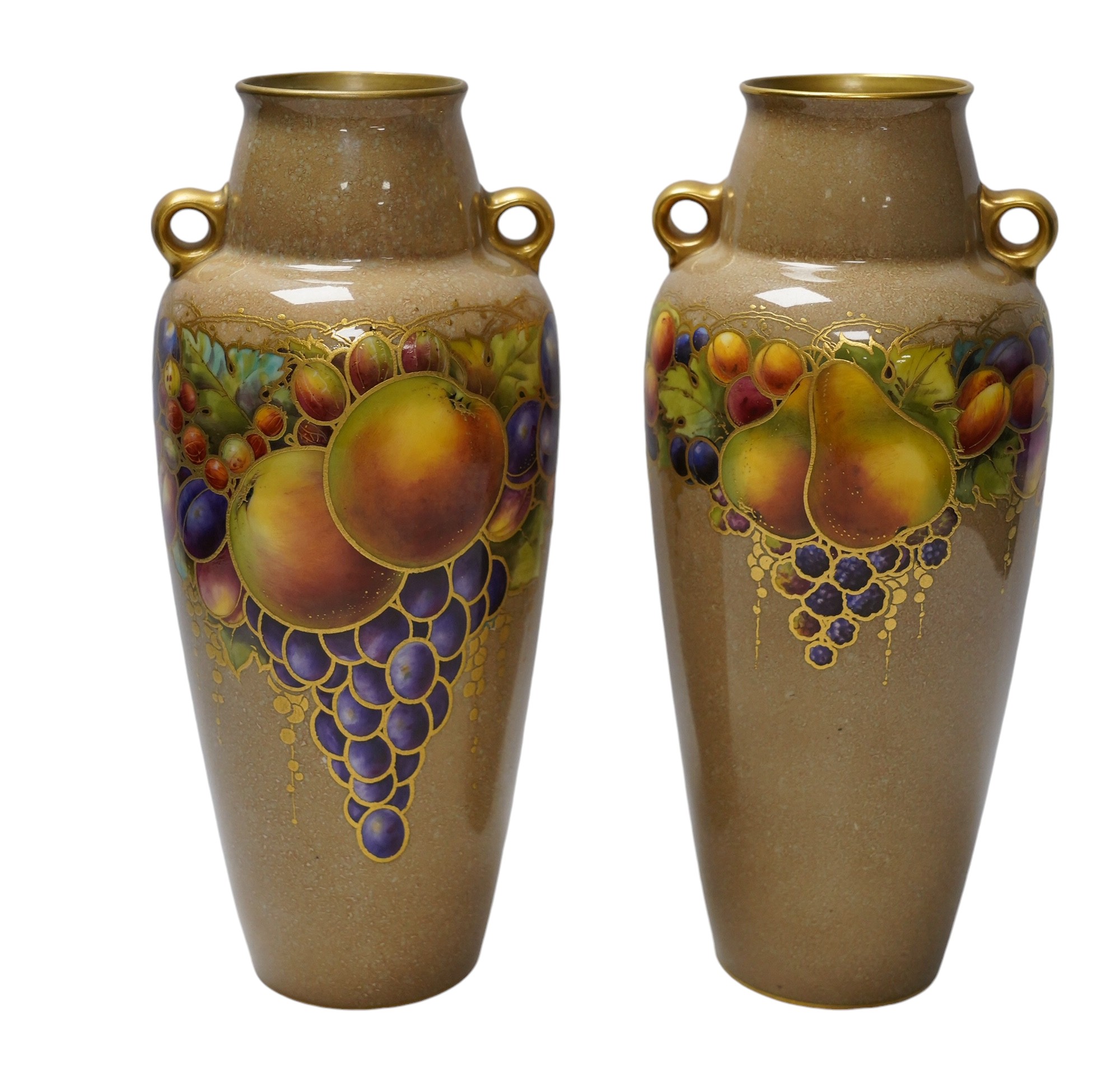 A pair of Worcester vases, decorated with fruit and berries, model number 2768, 26cm. Condition - good                                                                                                                      