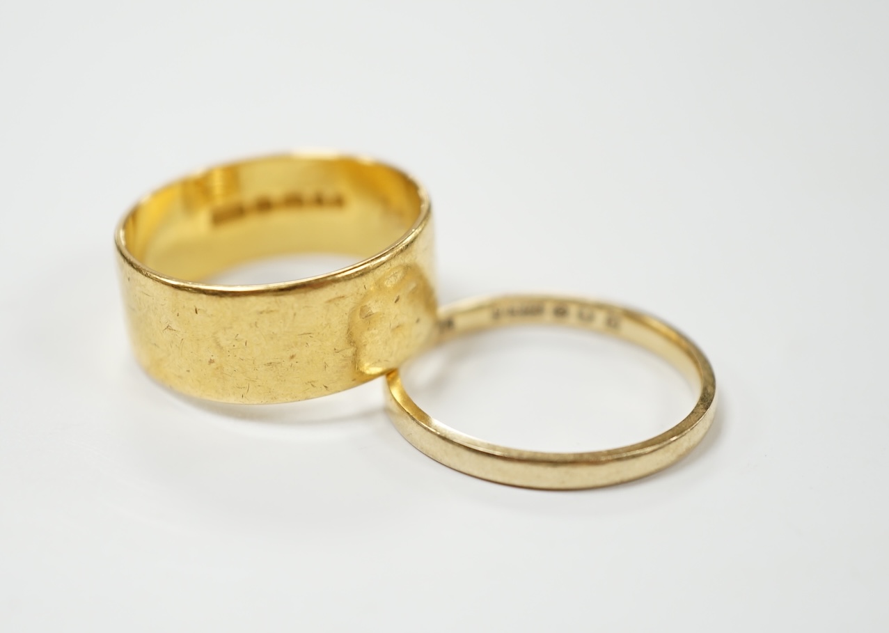 A 22ct gold wedding band, size P, 6.8 grams and a 9ct wedding band, 1.5 grams. Condition - fair                                                                                                                             