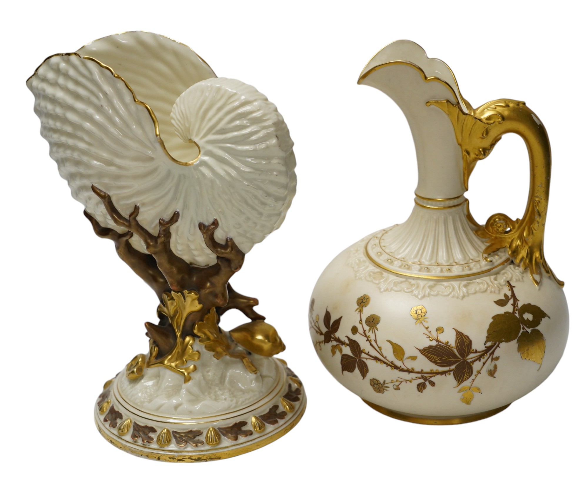 A Worcester nautilus vase and a blush ivory ewer, 1136, largest 22cm high. Condition - good                                                                                                                                 