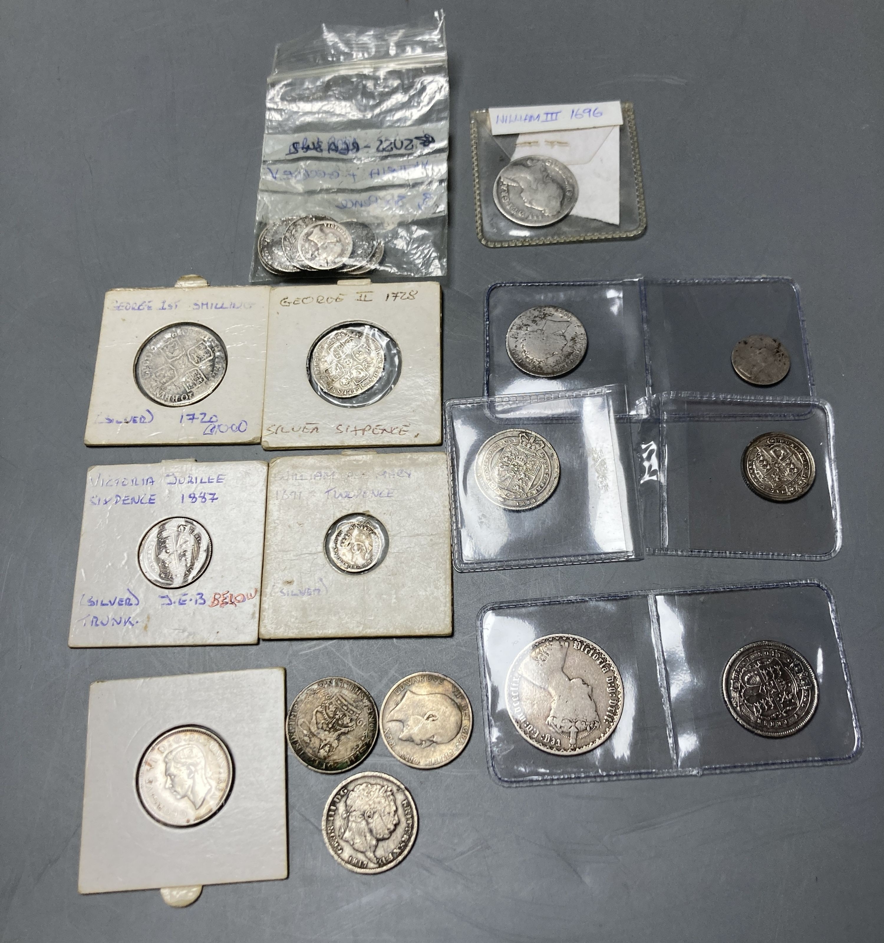 17th-20th century UK silver coins - To include a William and Mary twopence 1691 George I shilling 1720, George II sixpence 1728 etc.                                                                                        