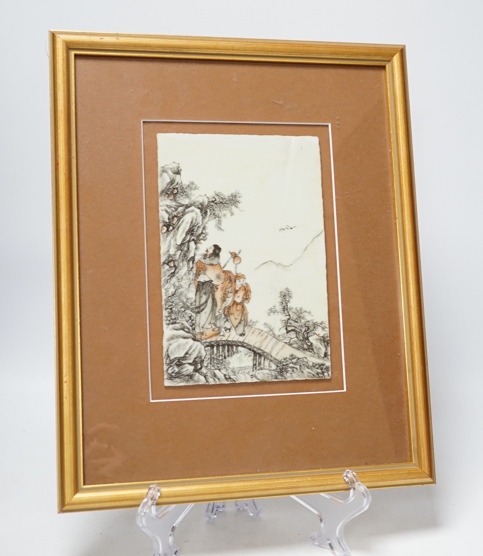 A Chinese porcelain plaque, 13cm wide x 19.5cm high (restored)                                                                                                                                                              