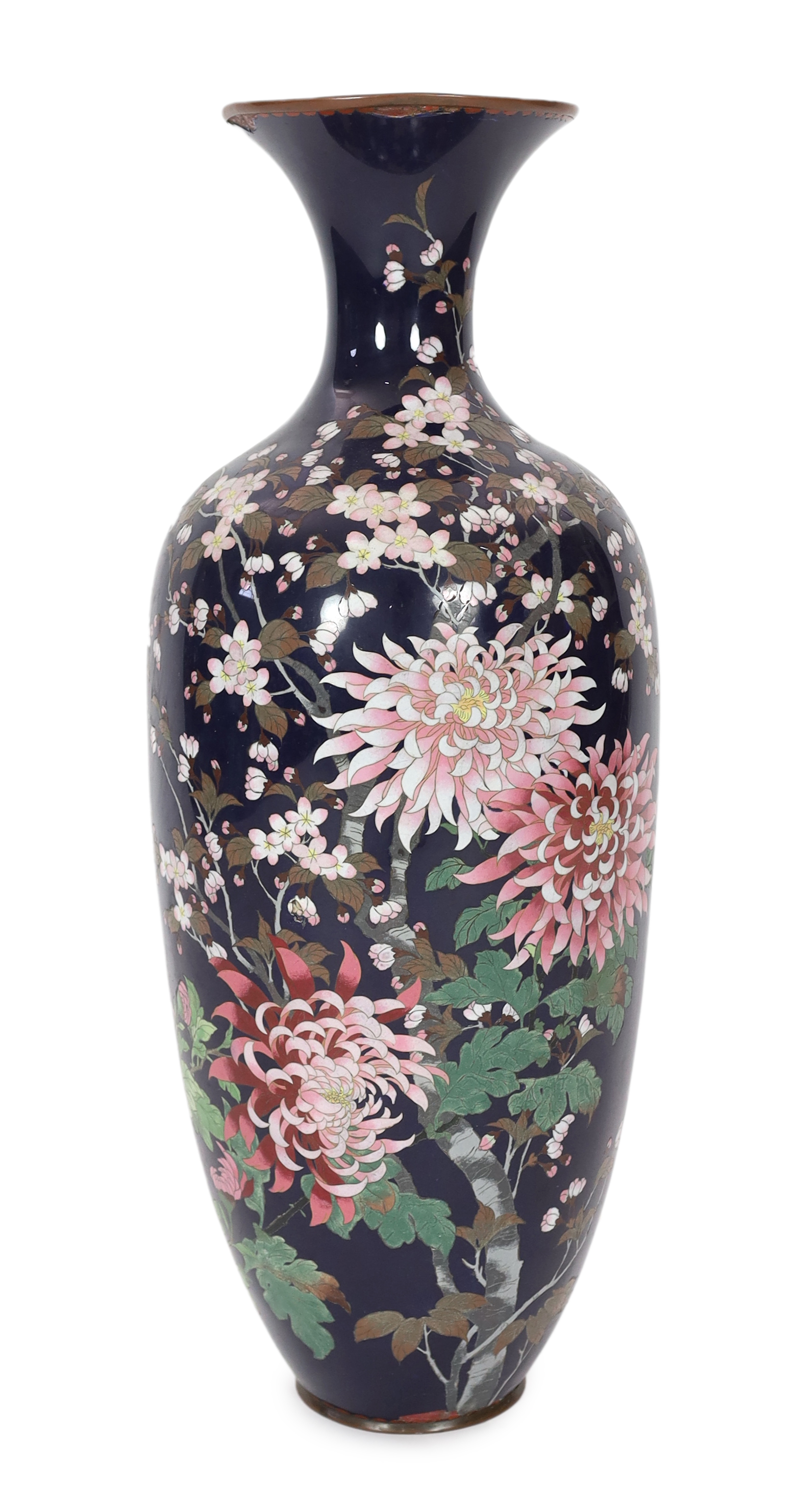 A massive Japanese midnight blue ground cloisonné enamel vase, Meiji period, slight damage                                                                                                                                  