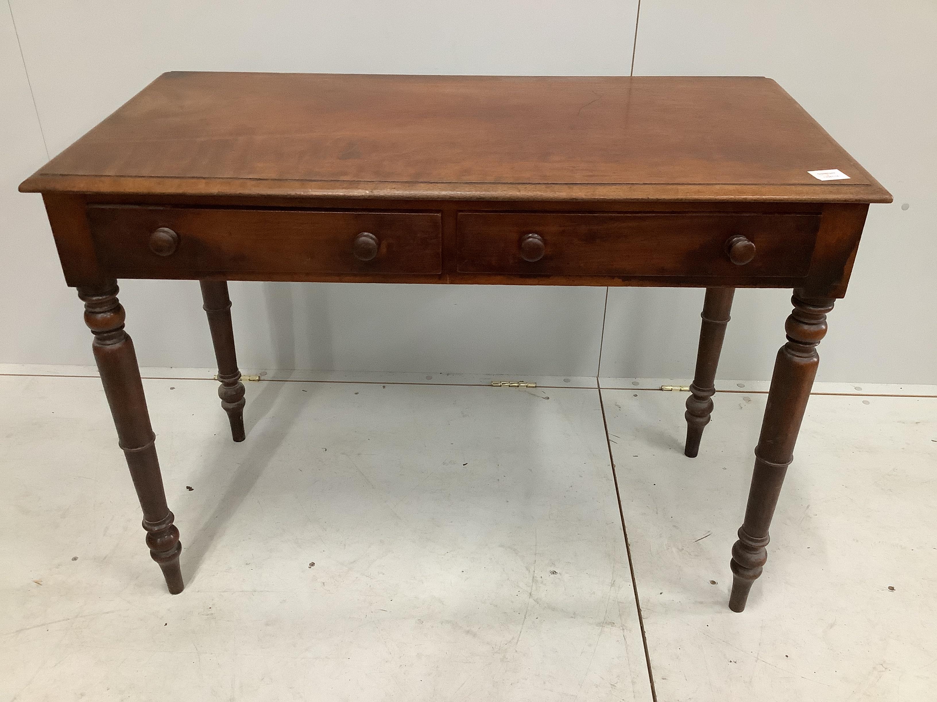 A Victorian mahogany two drawer side table, width 106cm, depth 52cm, height 78cm                                                                                                                                            