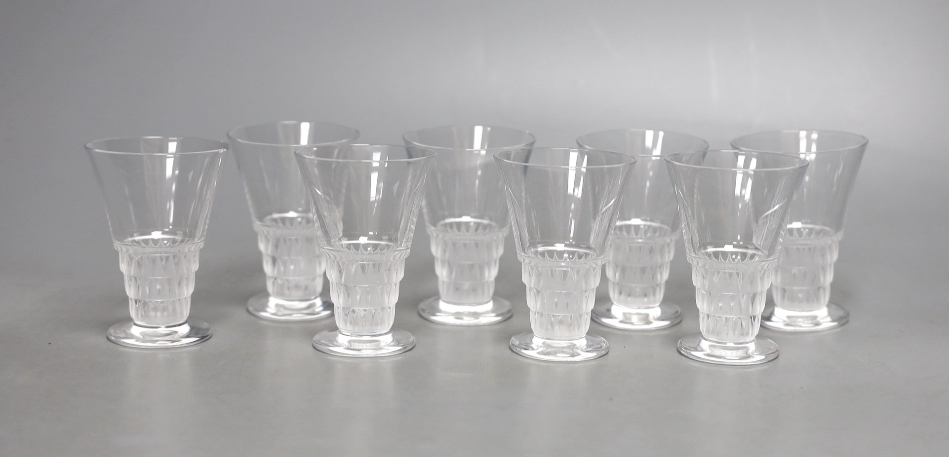 A selection of eight Lalique Bourgueil frosted shot glasses - 7.5cm tall                                                                                                                                                    
