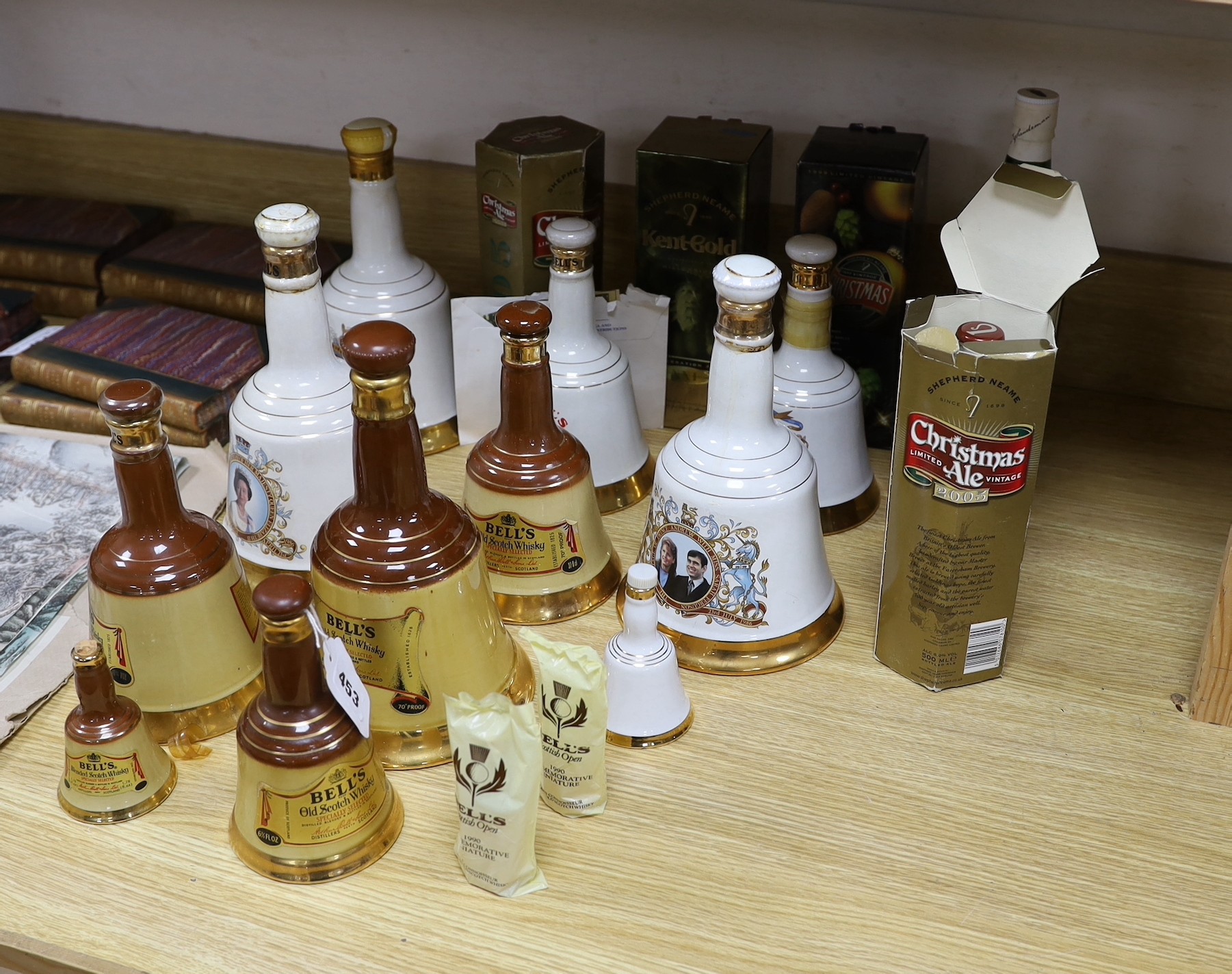 A group of Wade Bell's whisky (some with contents) and other bottles of spirits                                                                                                                                             