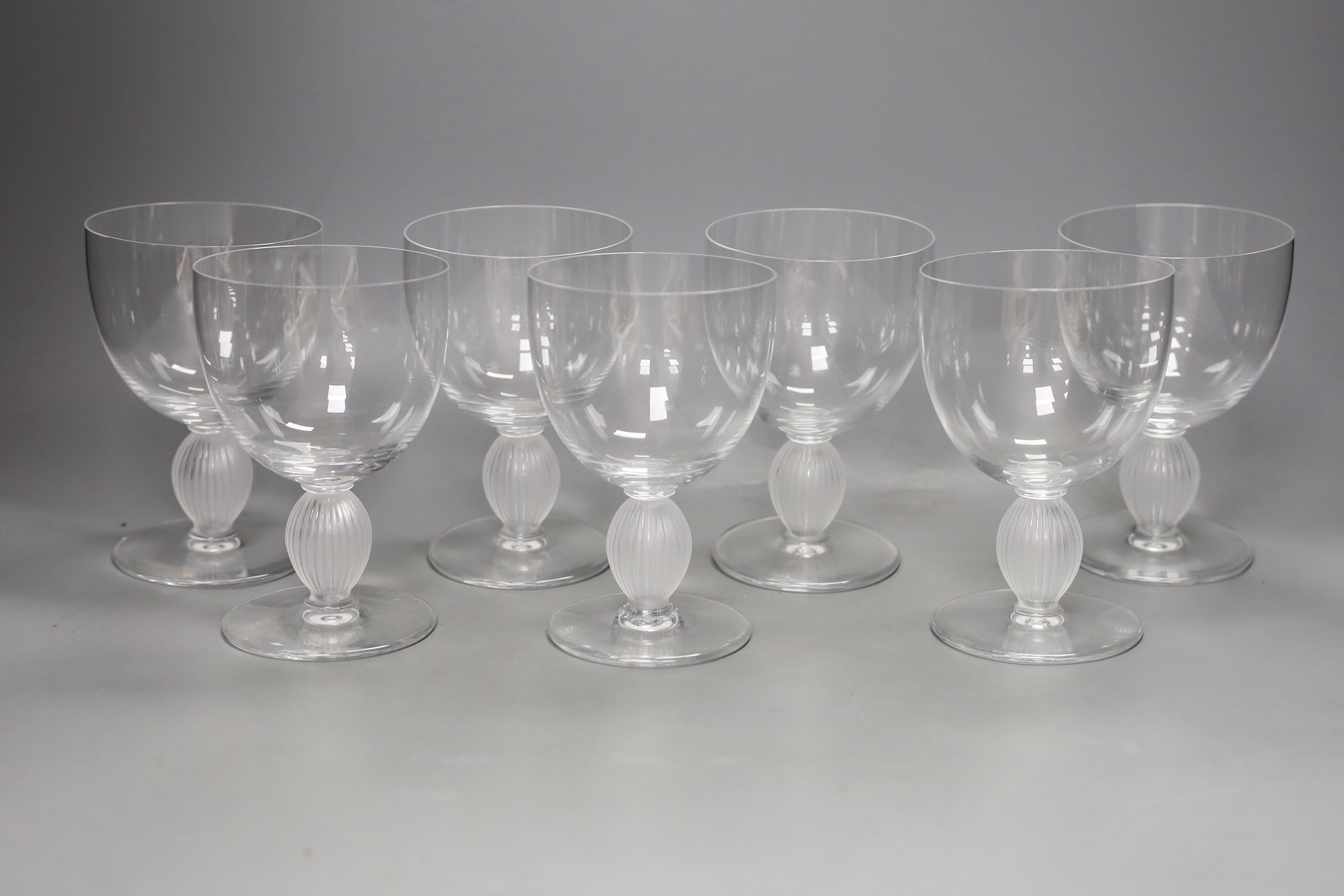 Seven Lalique Langeais no.2 water glasses with striated and frosted ball on stem - 14.5cm tall                                                                                                                              