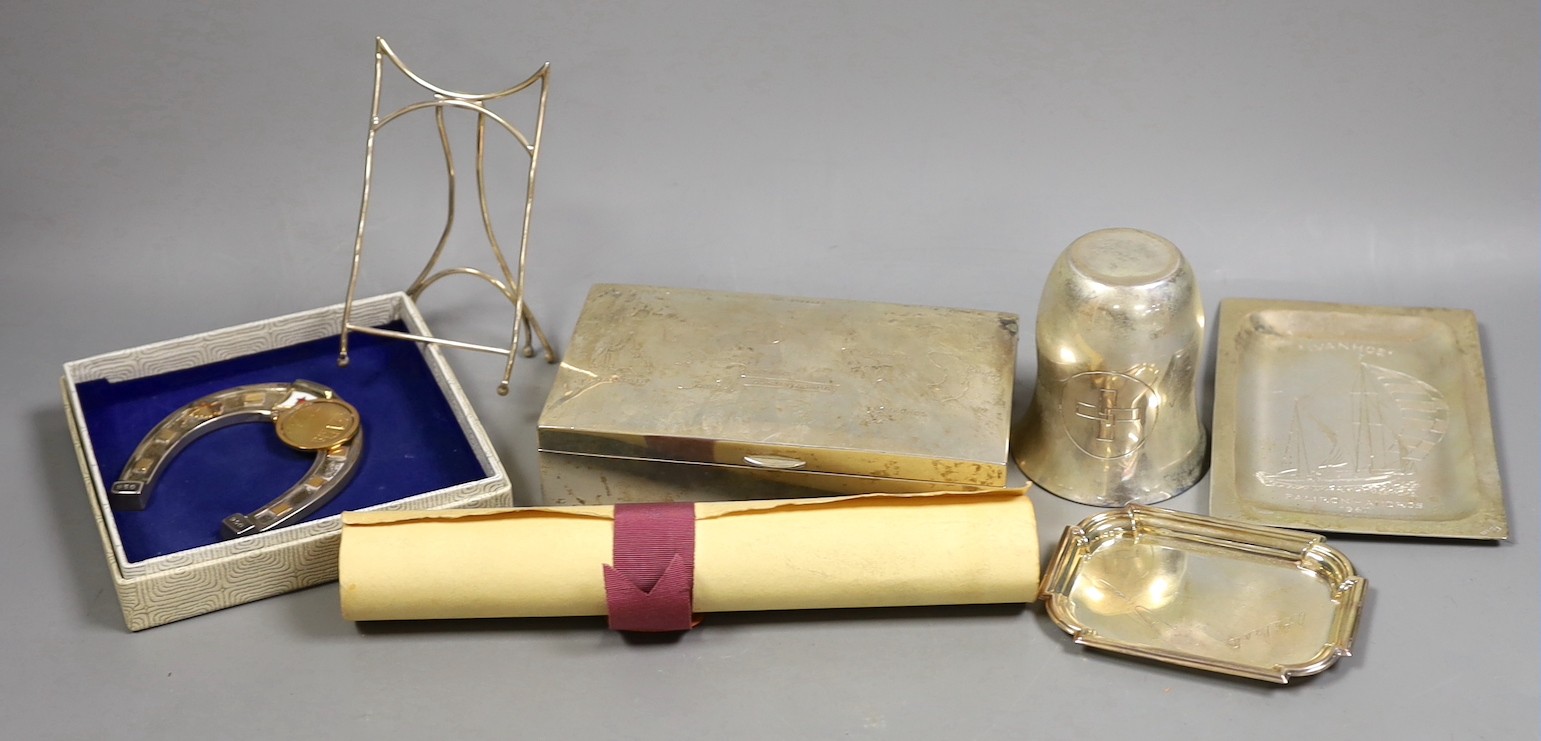 Three white metal items including a cigarette box, engraved with the Argonaftis Cruise, 1960, 16cm a beaker & dish and three plated items.                                                                                  