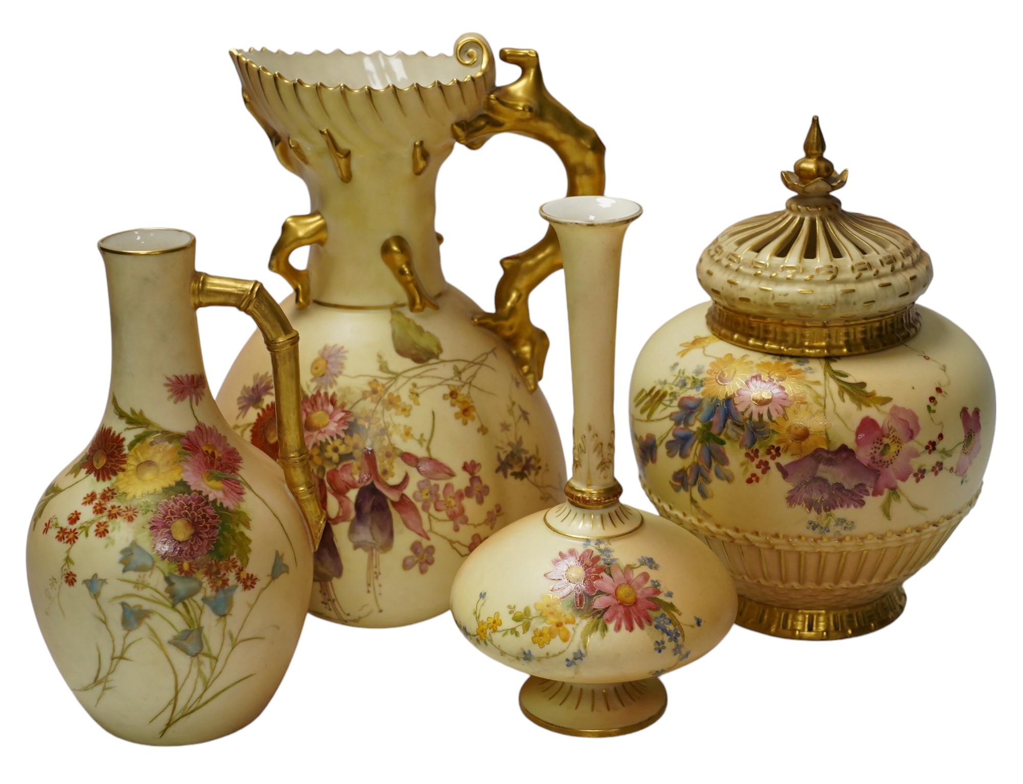 Four Worcester blush ivory floral vases and ewers, 1748, 1132, 1507 & 1286, largest 22cm high. Condition - good                                                                                                             