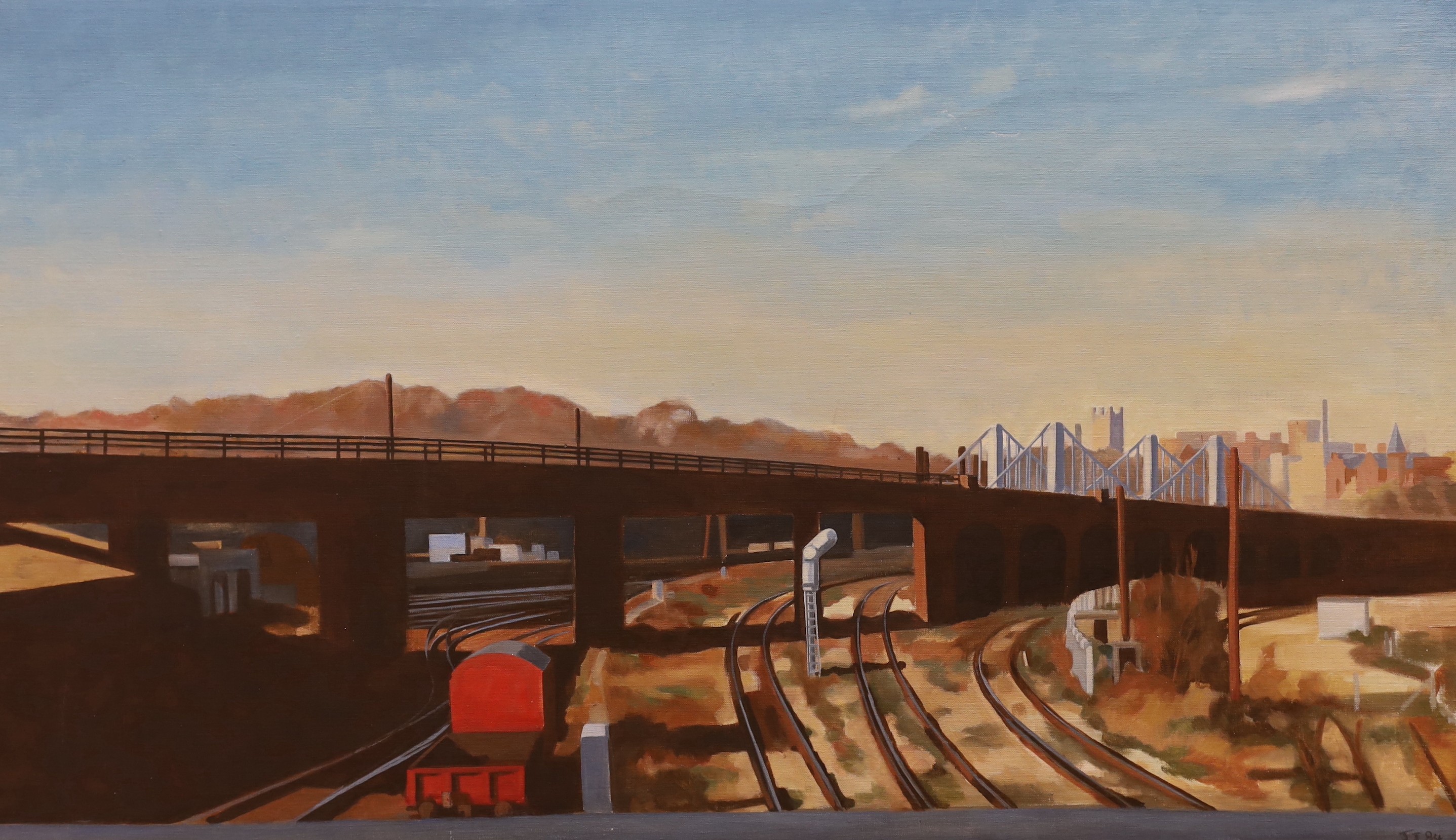 John James (b.1947), oil on canvas, Railway tracks with a castle beyond, initialled and dated ’84, 64 x 102cm                                                                                                               