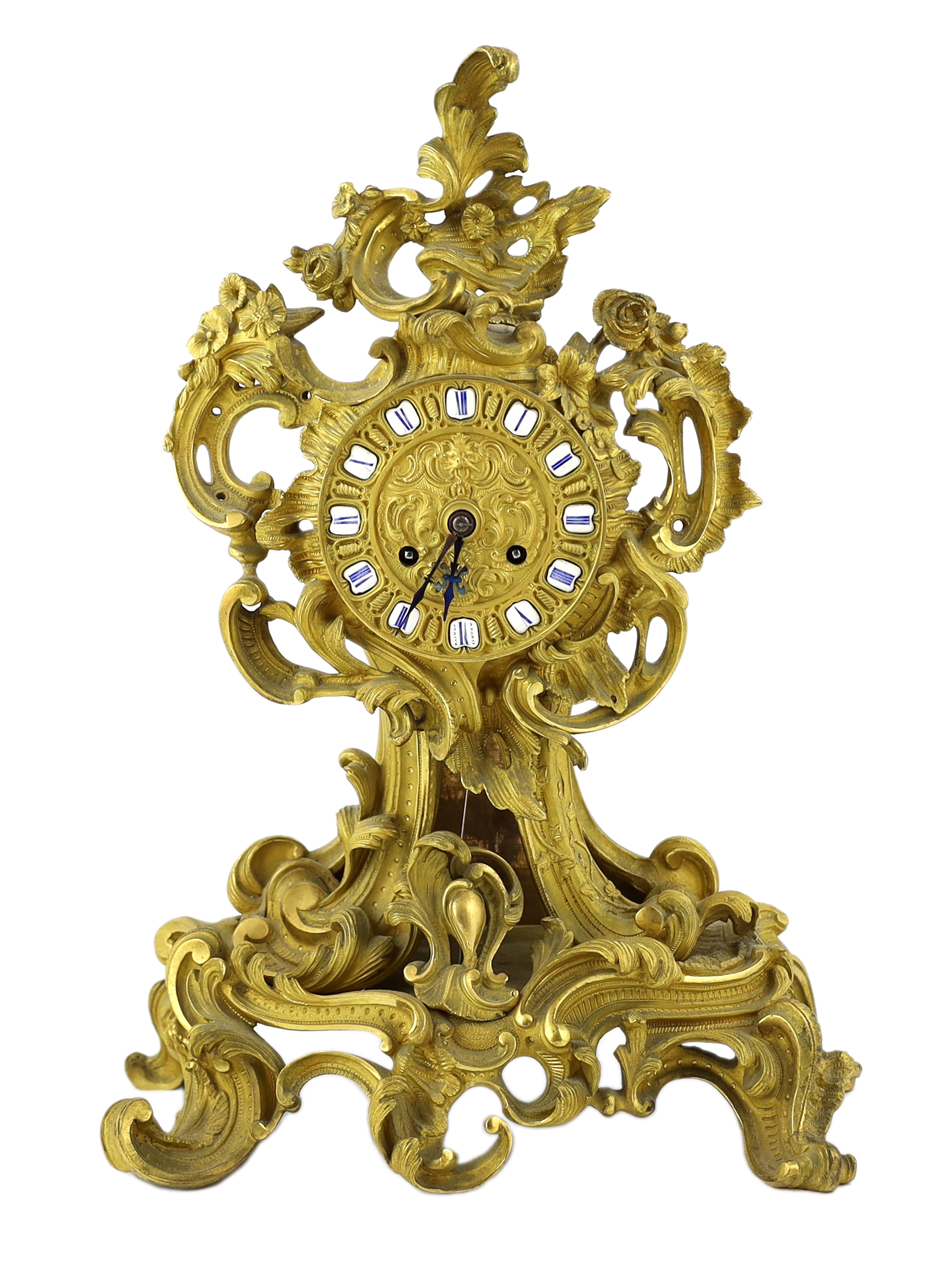 A 19th century French ormolu mantel clock, 32cm wide, 16cm deep, 44cm high                                                                                                                                                  