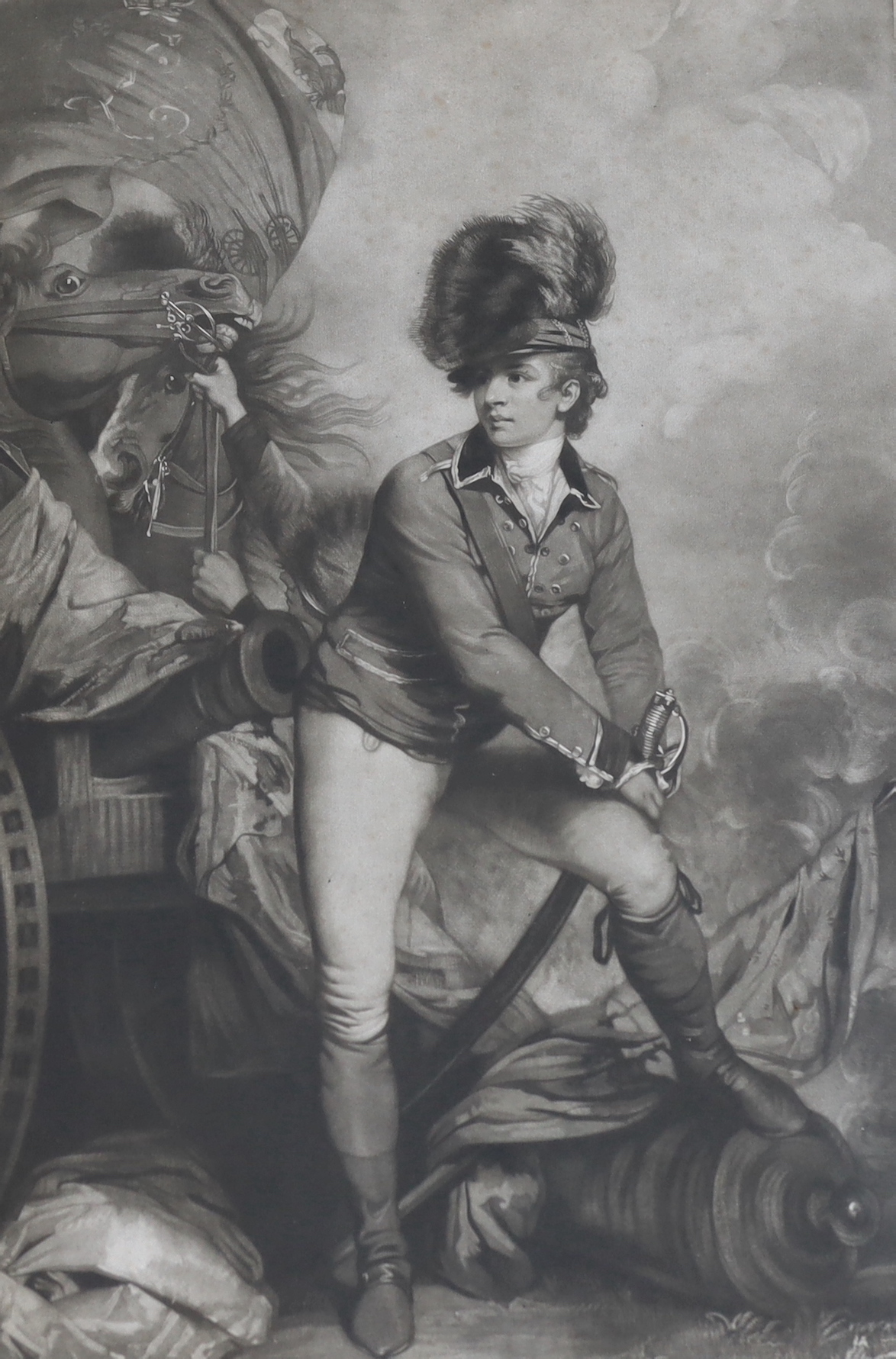 John Raphael Smith after Sir Joshua Reynolds, mezzotint, 'Lt. Col. Tarleton', published by Smith 1782, visible sheet 65 x 41cm                                                                                              