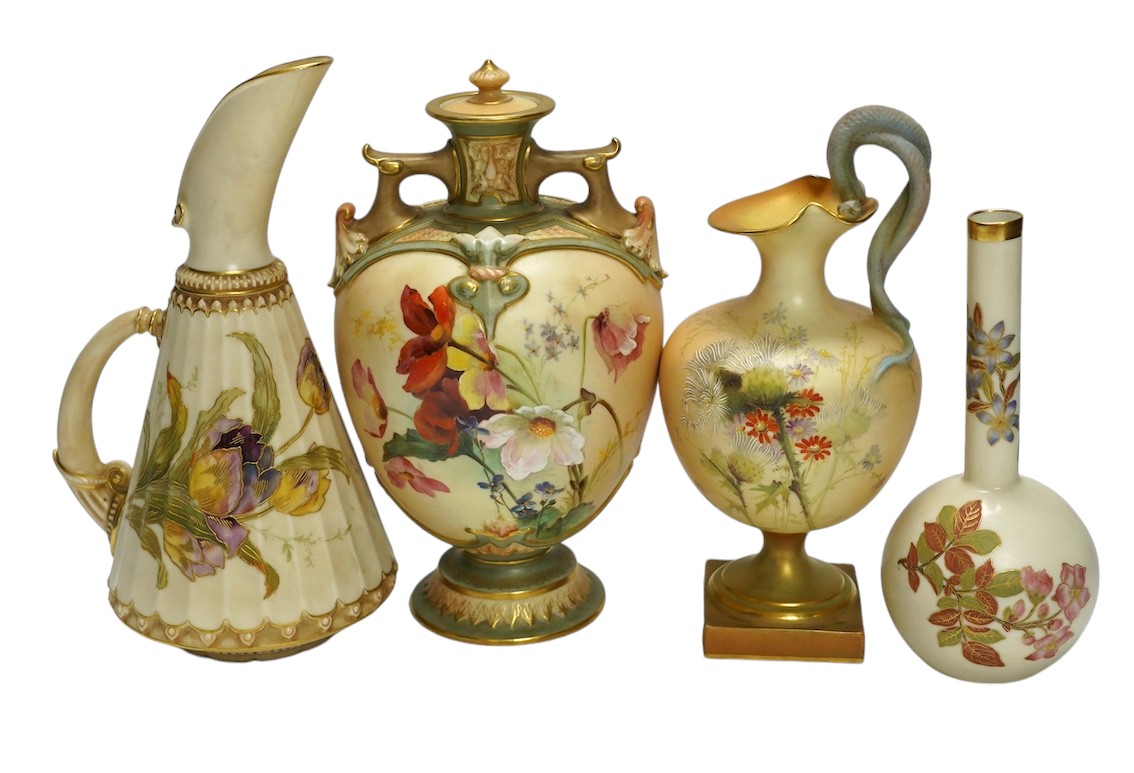 Four Worcester blush ivory floral vases and ewers, 1215, 1361, 1968 & 1654, largest 22cm high. Condition - good                                                                                                             