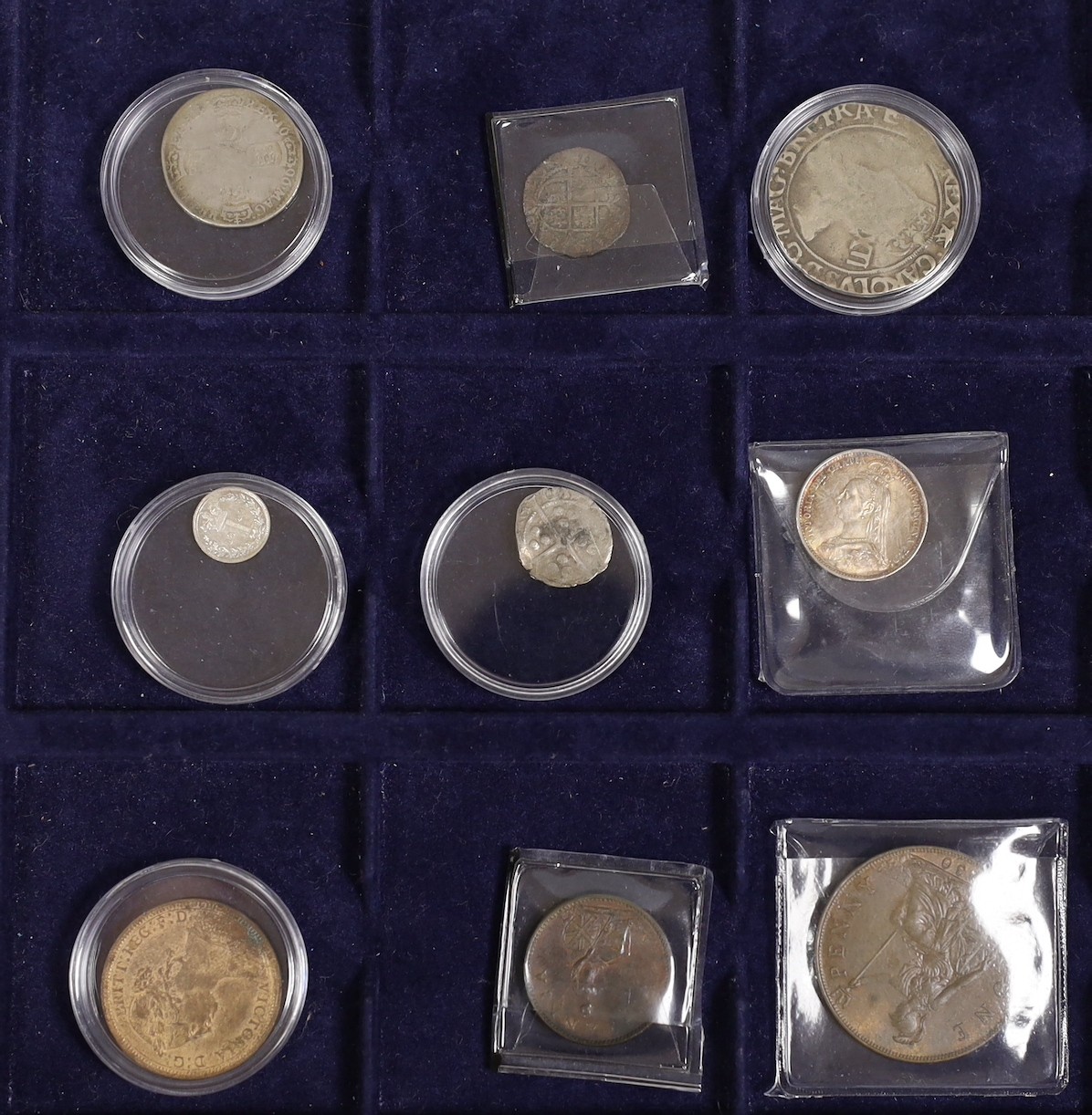 George V penny 1930, UNC, Victoria halfpenny 1887, lustrous UNC, George III farthing 1806, about EF, George IV silver 1d, UNC, Charles I shilling, Elizabeth I threepence, William III sixpence 1696 and other coins (10)   