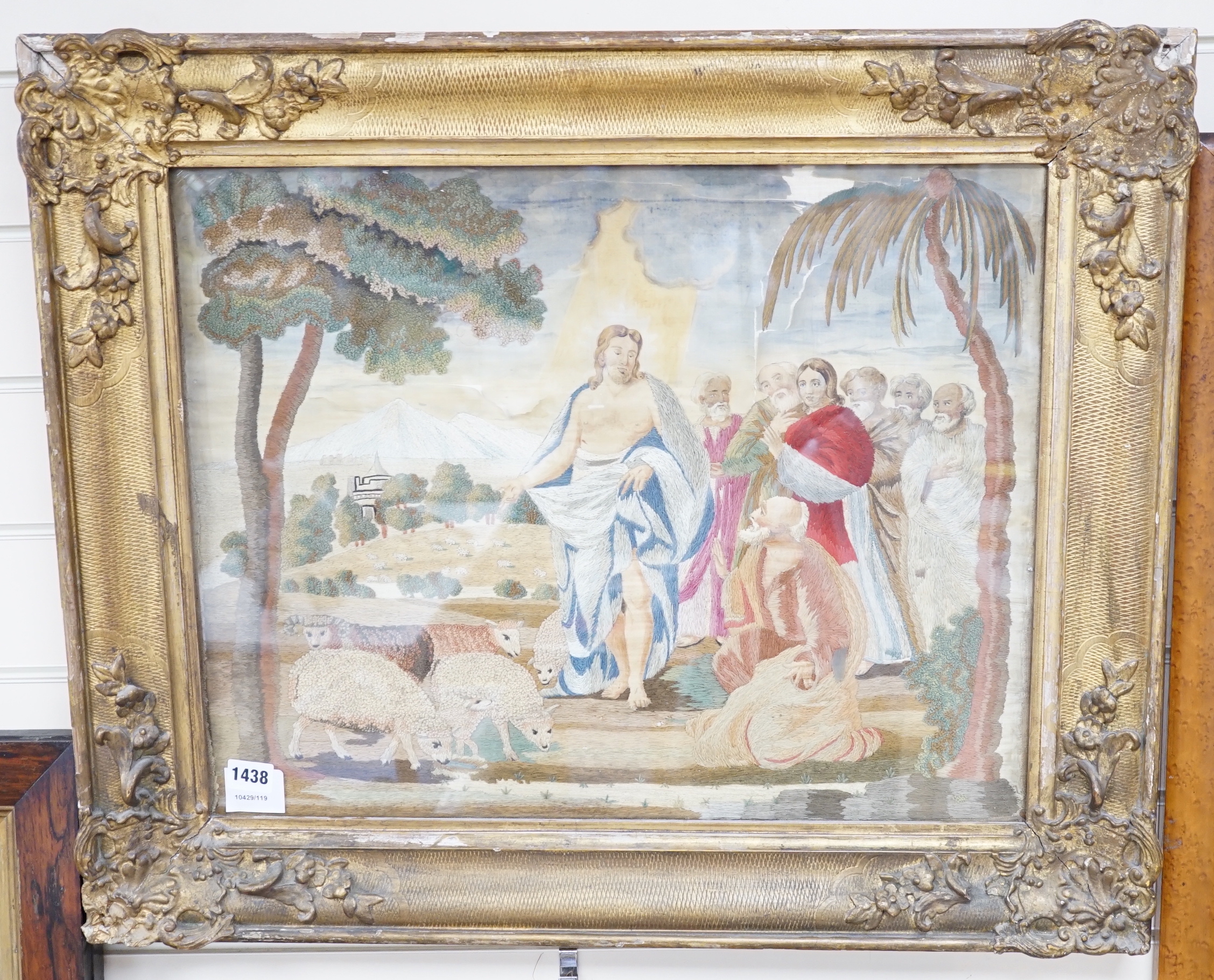 A Regency embroidered picture on silk of Christ and his Disciples, label verso “Sarah Tyler, 13 1/2 years, Her Work, Born 1811”, 55cm wide x 44cm high                                                                      