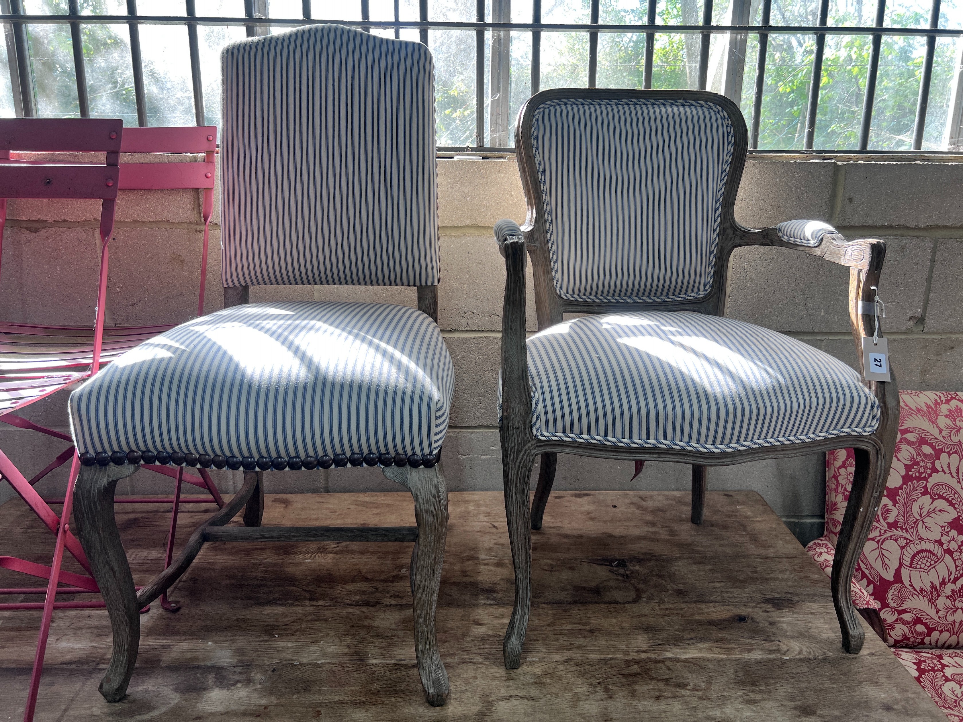 Two French style limed oak chairs, one with arms *Please note the sale commences at 9am.                                                                                                                                    