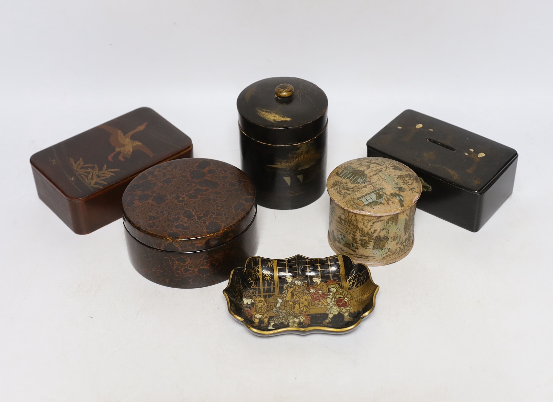 Six pieces of Japanese lacquerware comprising boxes and a small dish, largest 13cm wide                                                                                                                                     