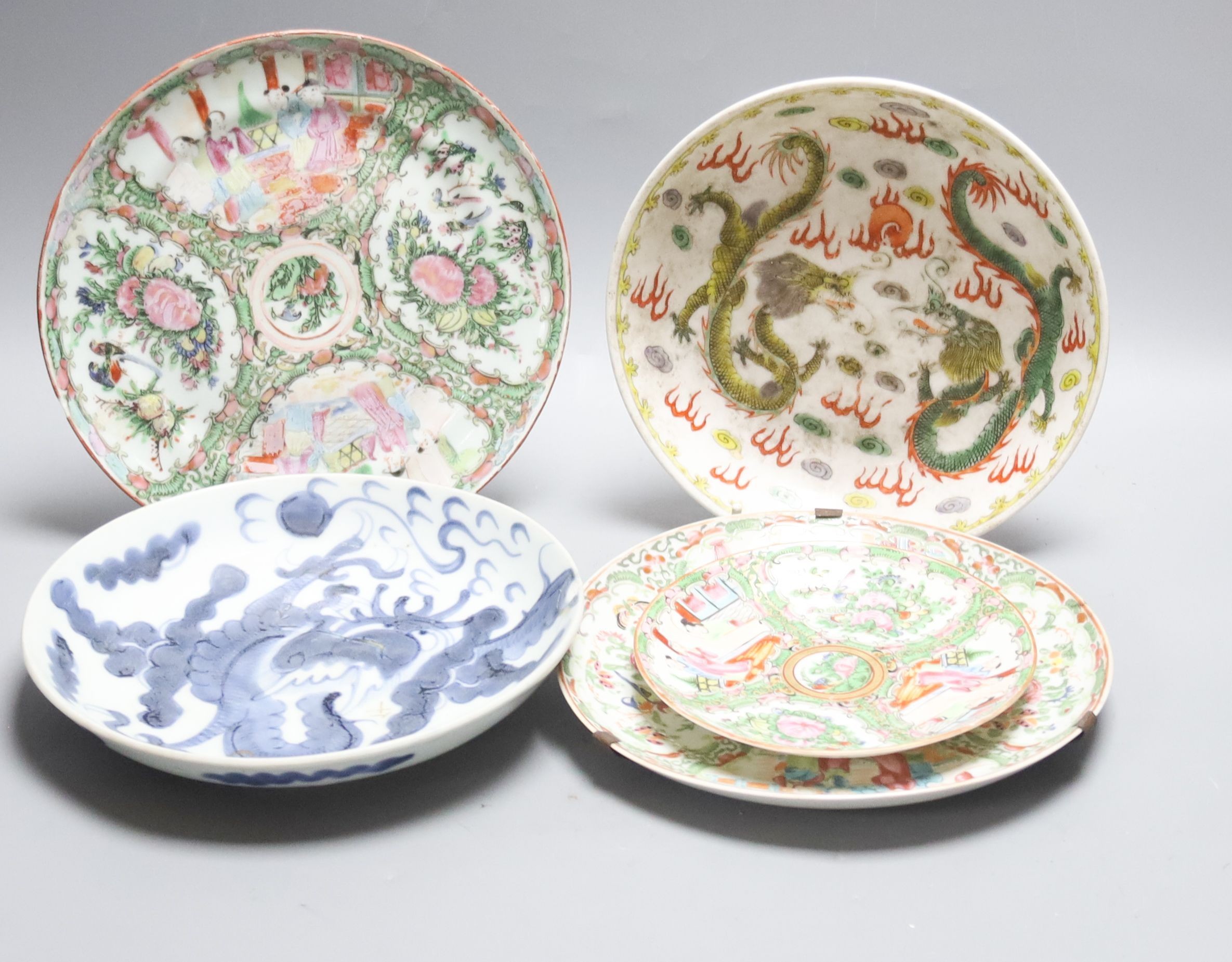 Five Chinese porcelain dishes, 21cm                                                                                                                                                                                         