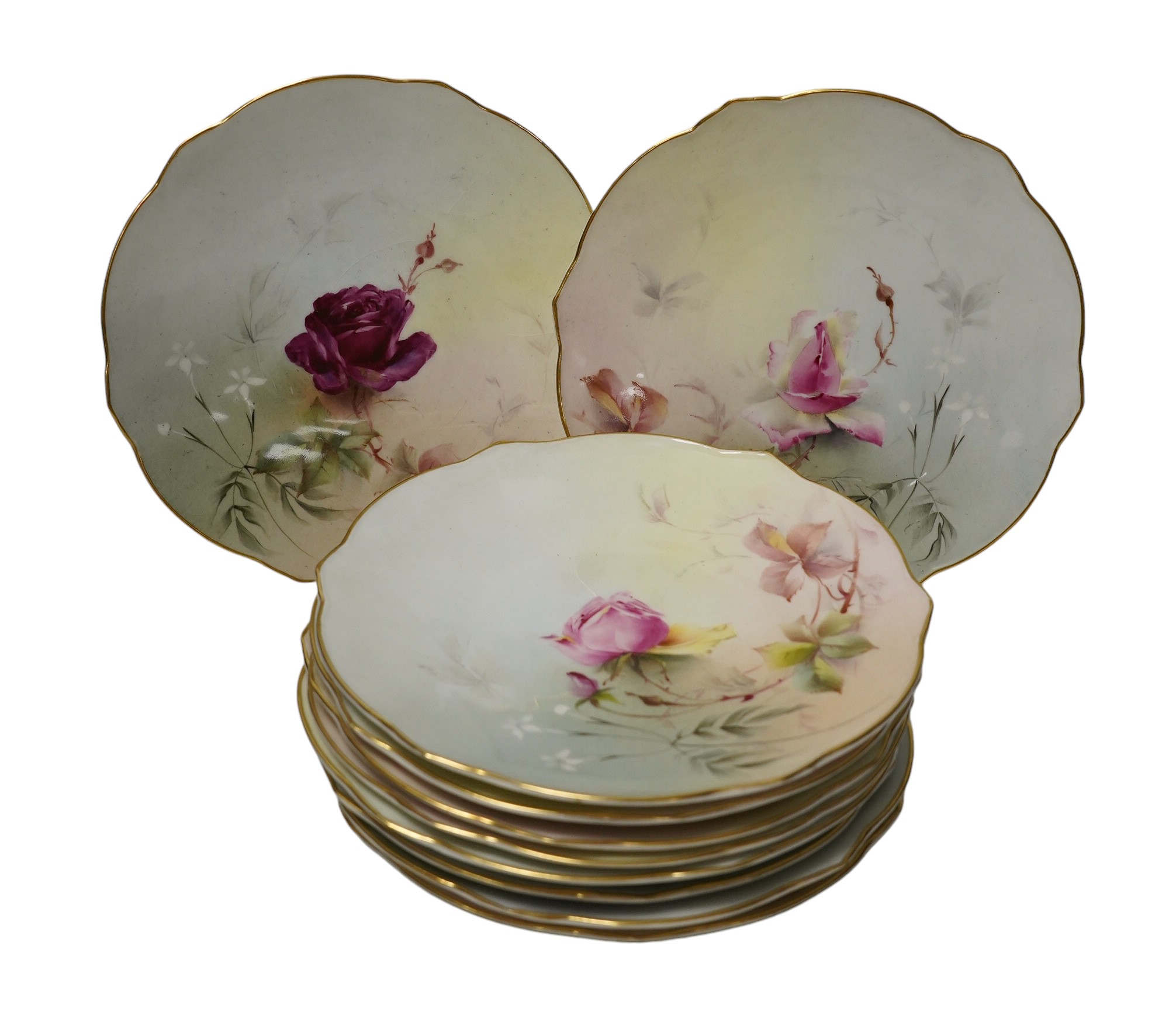 A set of ten Worcester floral cabinet plates, 20cm in diameter. Condition - fair, crazing                                                                                                                                   