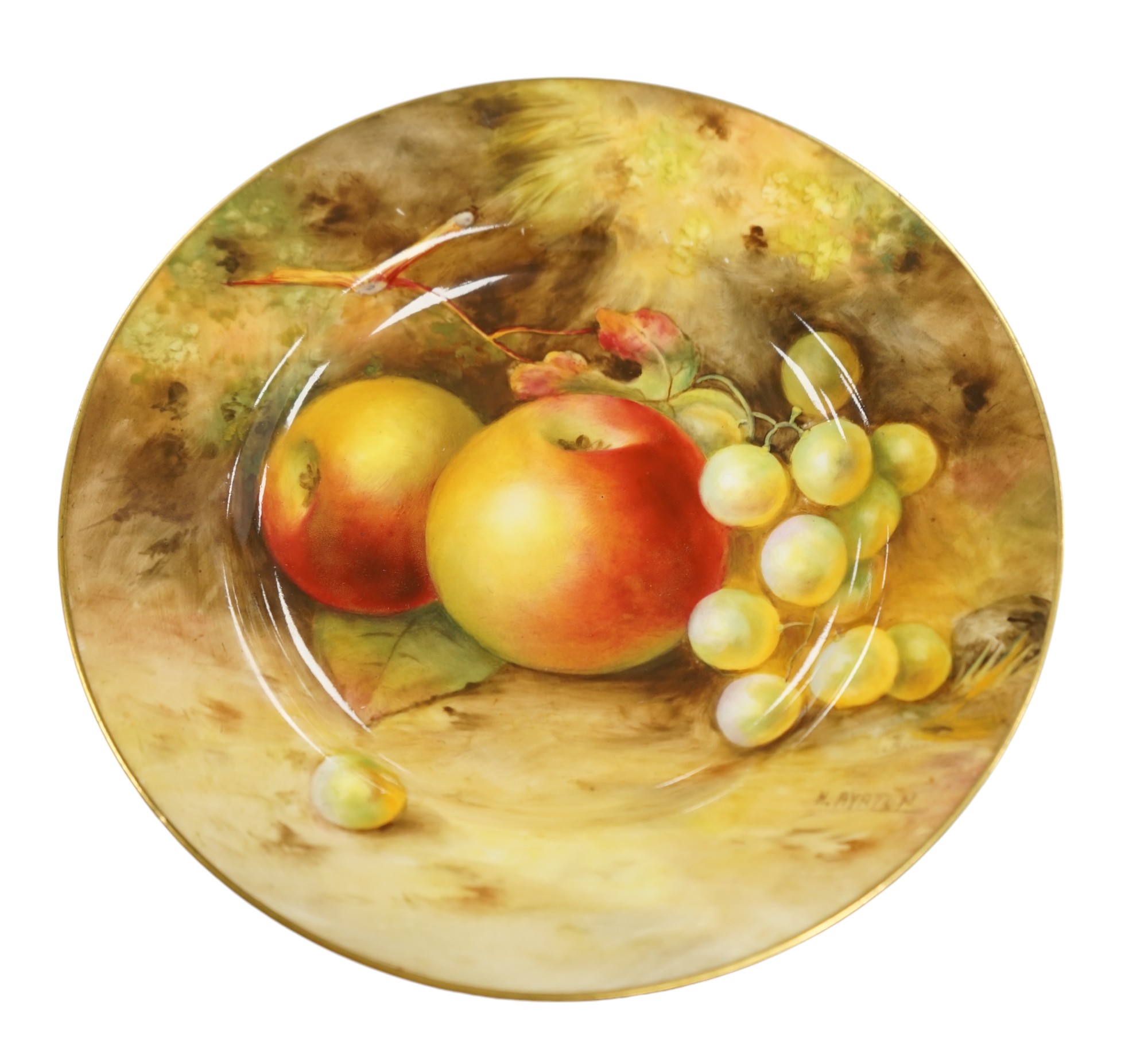 A Worcester cabinet plate, signed Ayrton, decorated with fruit, 15.5cm diameter. Condition - good                                                                                                                           