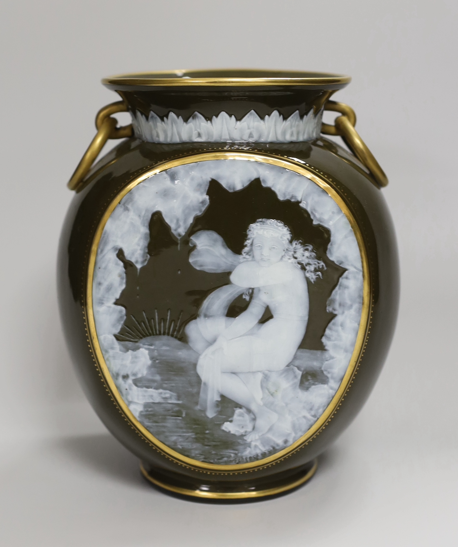 A George Jones pate sur pate vase decorated with a girl by Frederick Schenck, signed, 20cm                                                                                                                                  