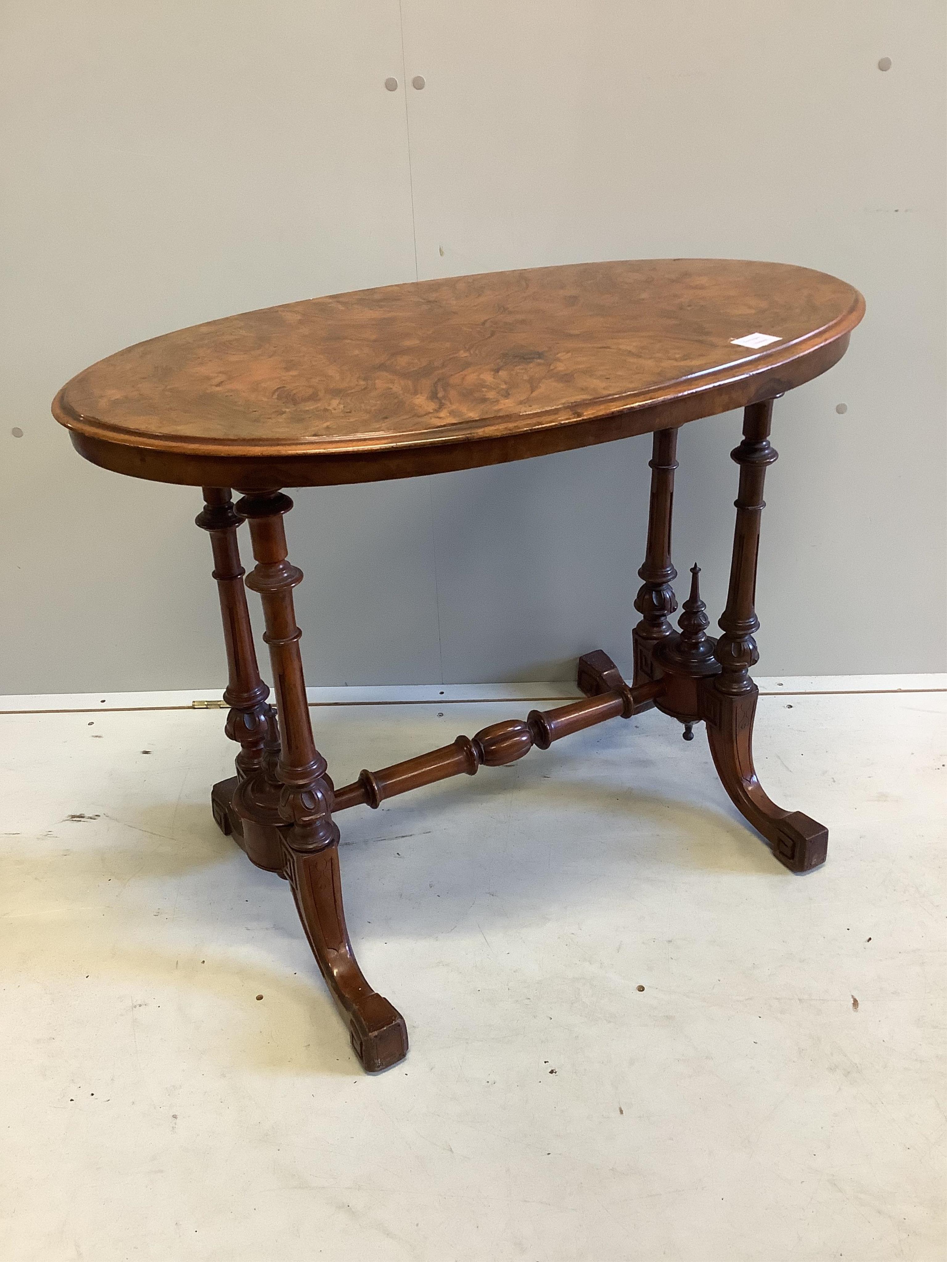 A Victorian figured walnut oval topped centre table, width 88cm, depth 53cm, height 69cm. Condition - fair                                                                                                                  