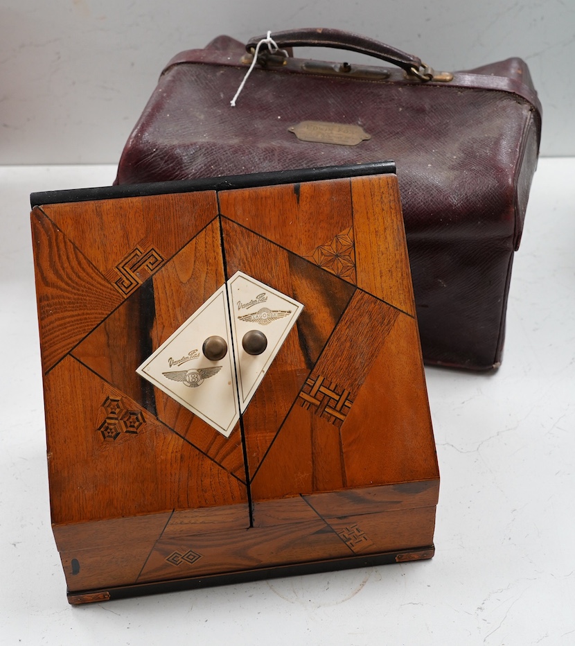 Two 1920s/30s Vanden Plas automobile related items presented to Edwin Fox the owner of Vanden Plas from 1923 to 1946; a Bentley Vanden Plas inlaid stationery case with inlaid ivorine Bentley and Lagonda logos, with four 