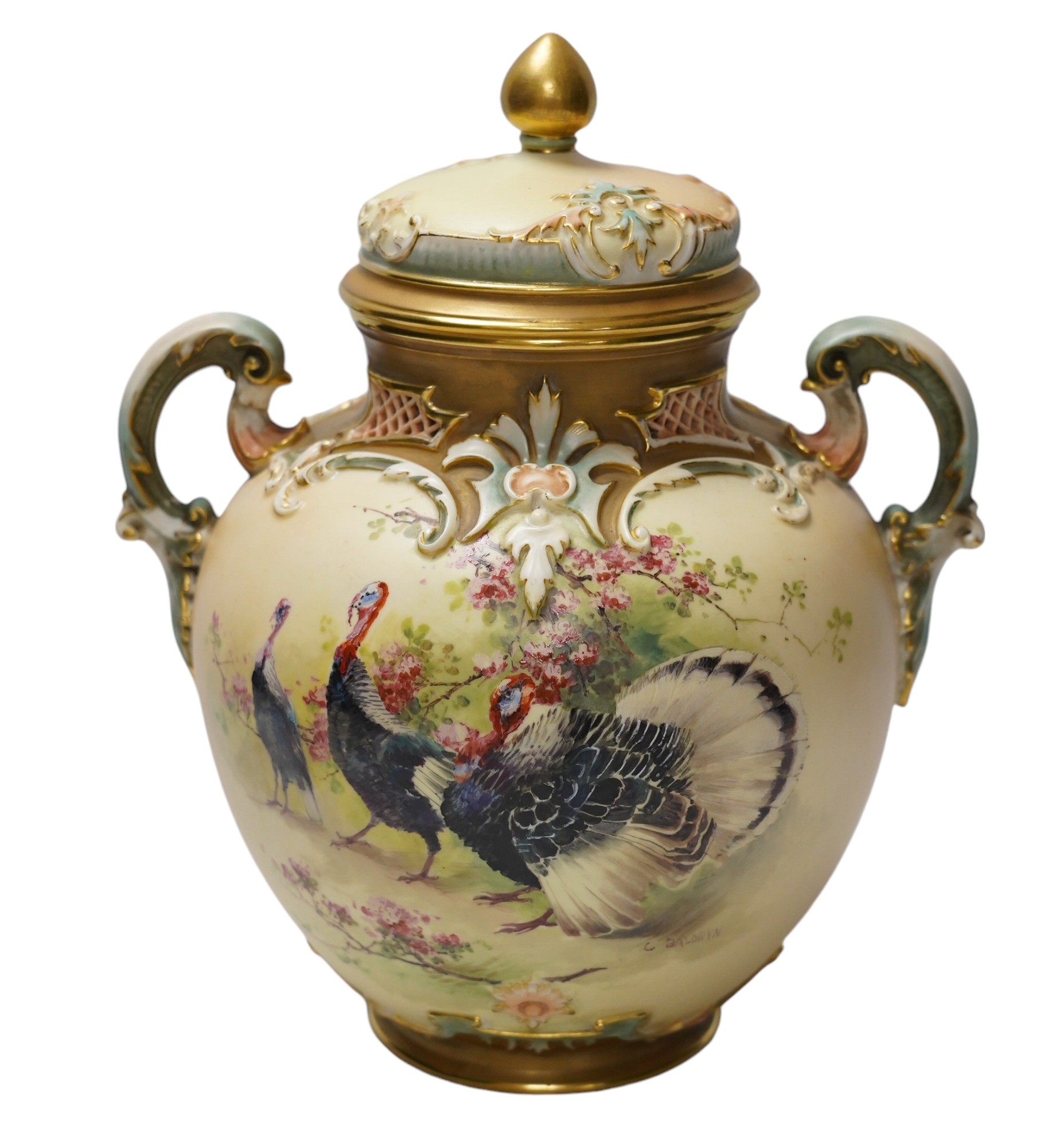 A Worcester jar and cover, 1515, painted with turkeys by Charles Baldwyn, 25cm high. Condition - fair, one handle repaired                                                                                                  