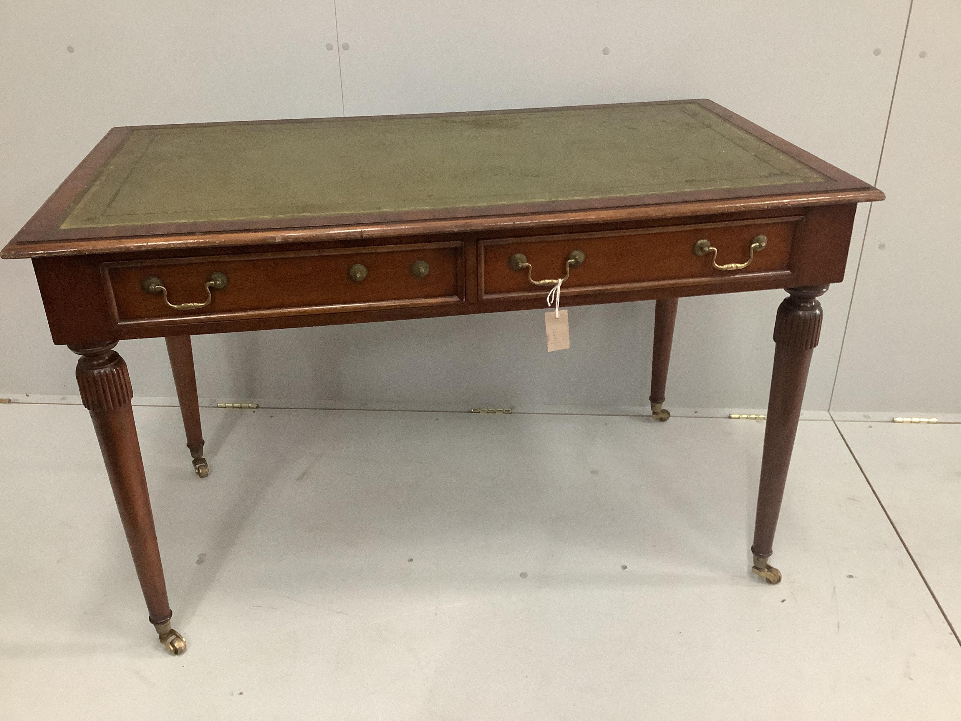 A Victorian style mahogany two drawer writing table, width 125cm, depth 69cm, height 80cm                                                                                                                                   