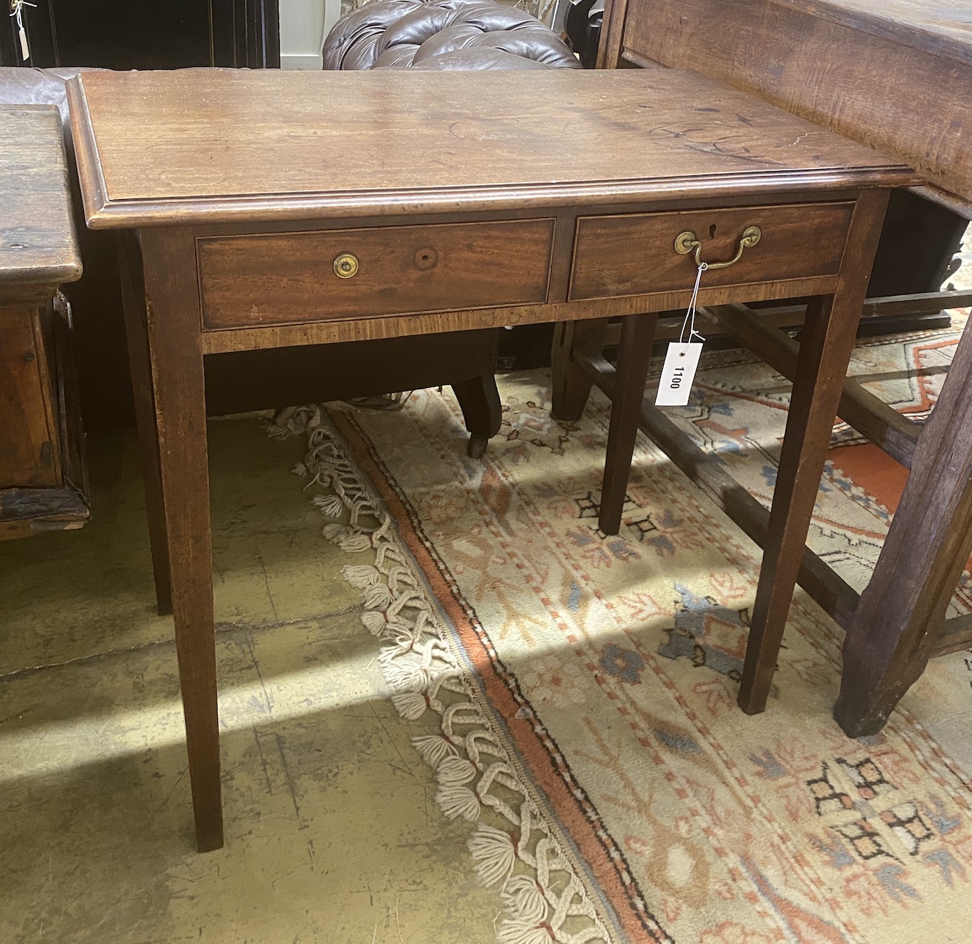 A George III mahogany two drawer side table, width 78cm, depth 44cm, height 73cm                                                                                                                                            