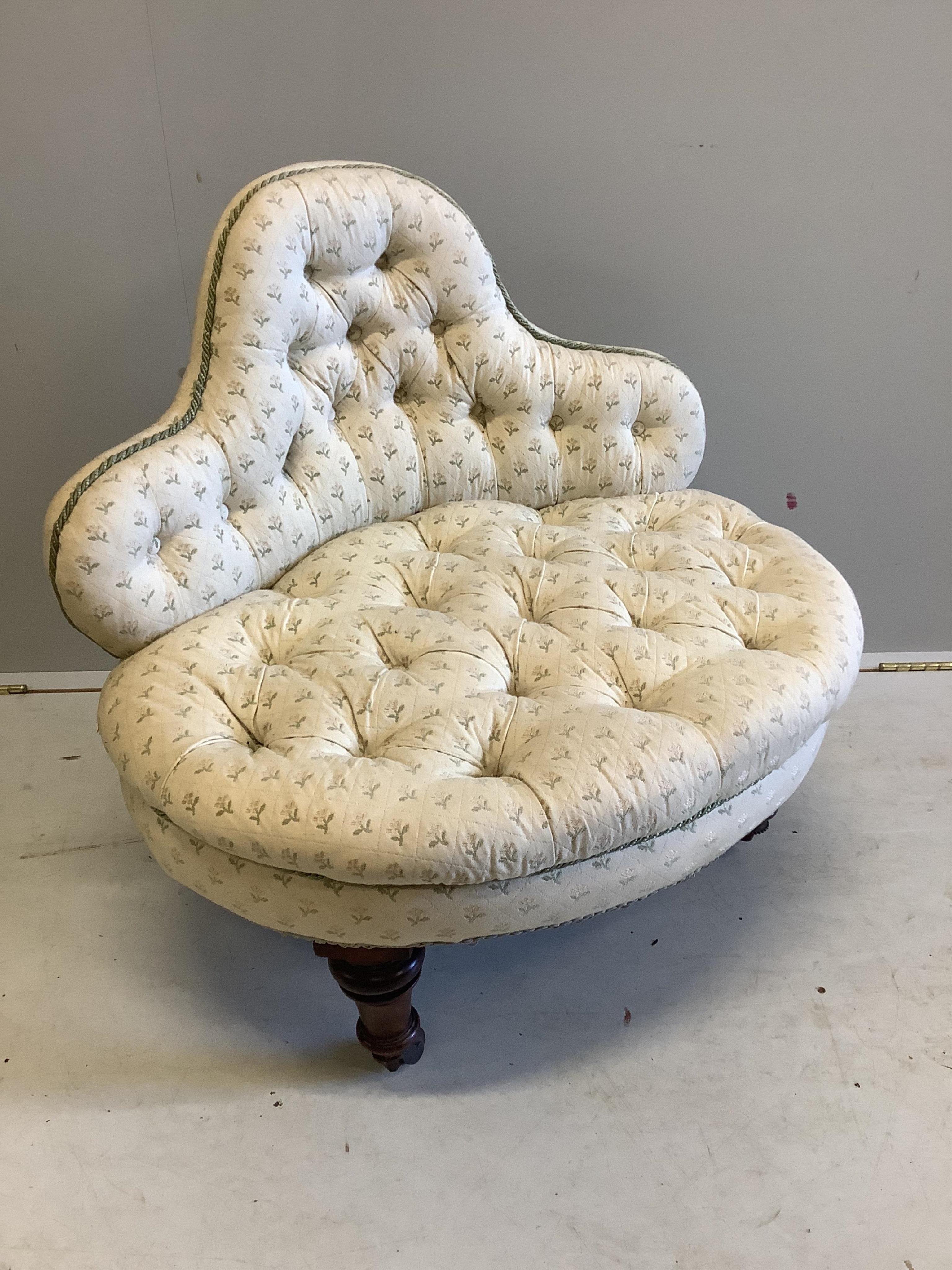 A Victorian deep buttoned back corner nursing chair, width 78cm, height 72cm. Condition - fair to good                                                                                                                      