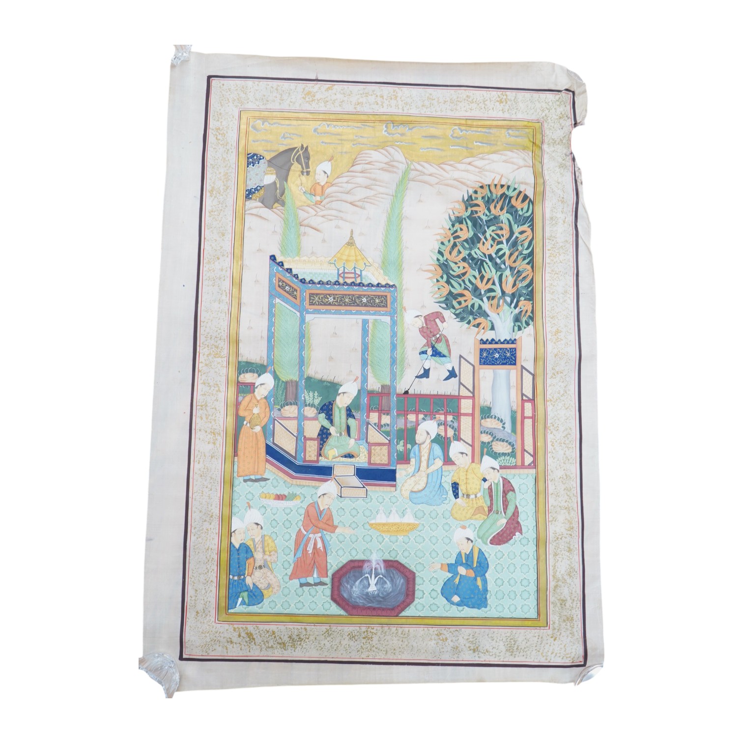 A mid 20th century Persian painting on silk, 65cm wide x 95cm high. Condition - fair, small damage near top corner                                                                                                          