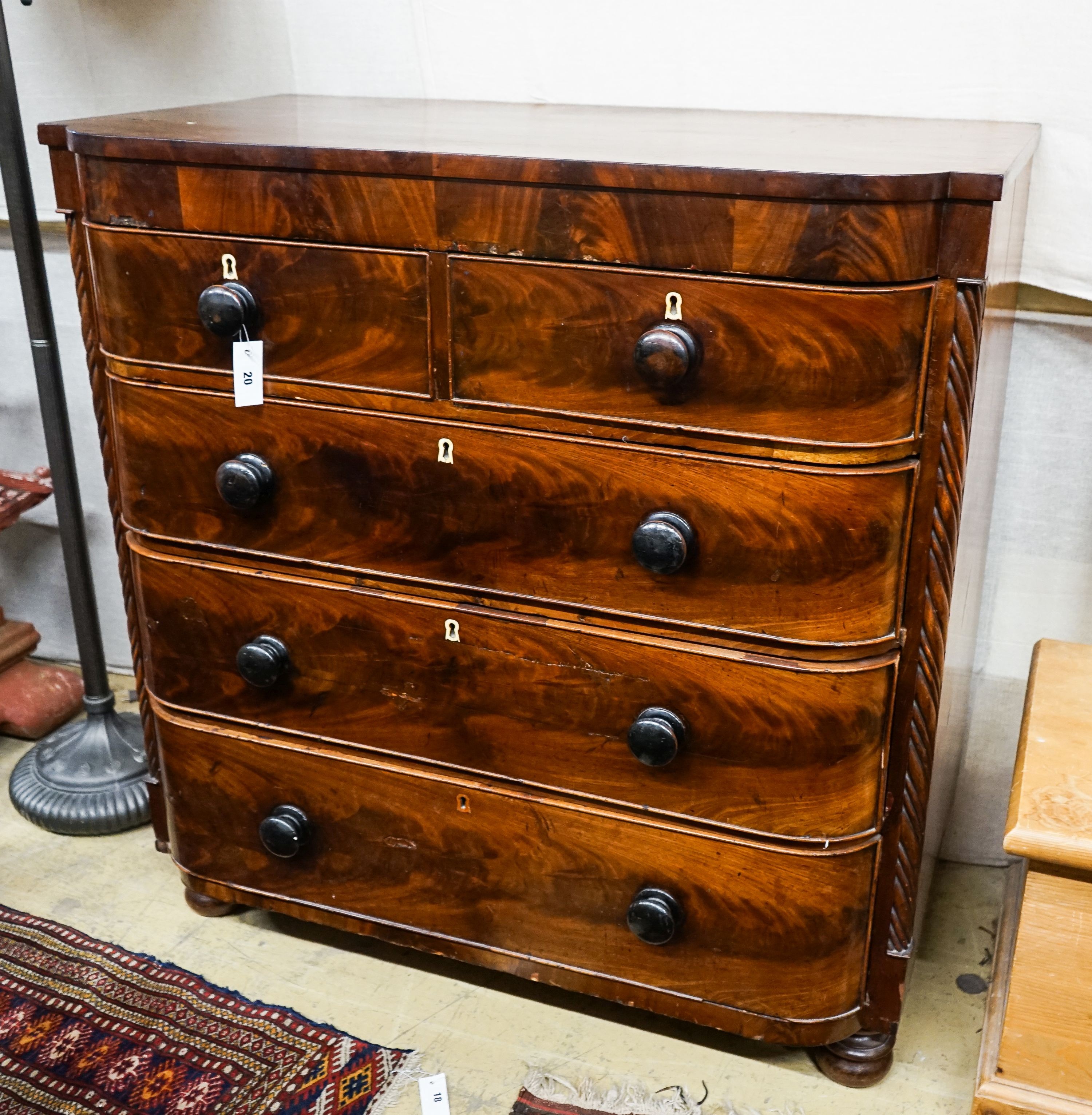 An early Victorian mahogany bow front chest of drawers, width 106cm, depth 55cm, height 110cm                                                                                                                               