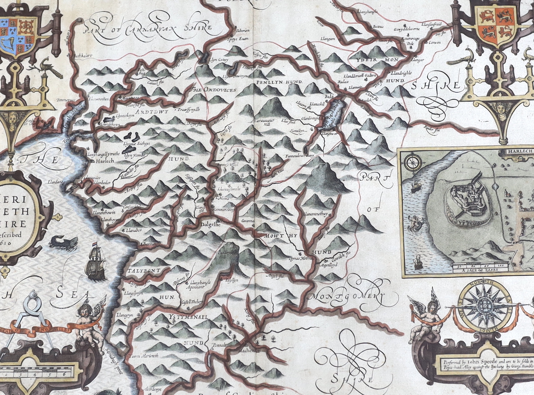 John Speed (1552-1629), hand coloured map of Merionethshire, sold by George Humble, text verso, 39 x 51cm                                                                                                                   