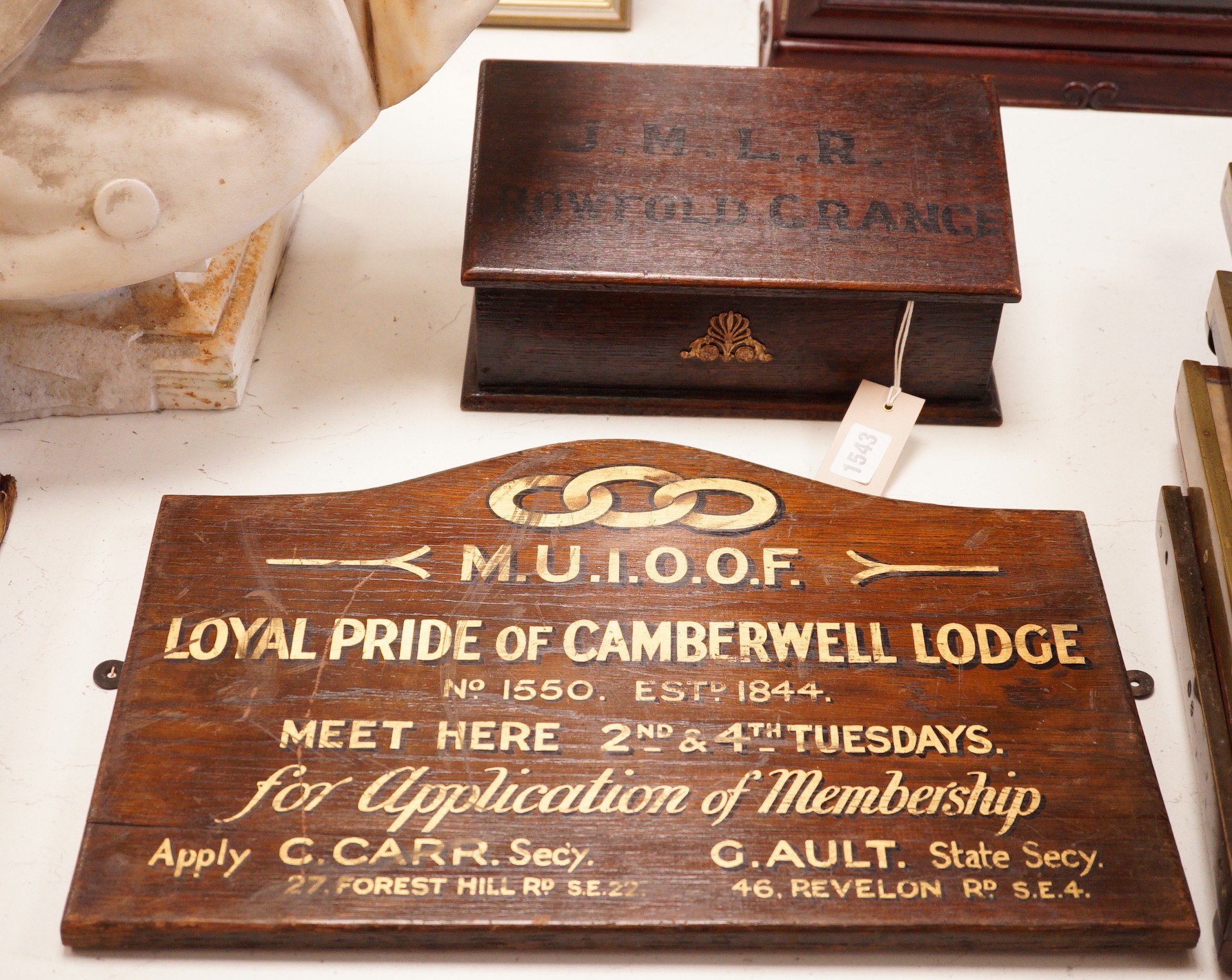 A Rowfold Grange oak box with personalised Desert Rats interest and a Manchester Unity Odd Fellows sign                                                                                                                     