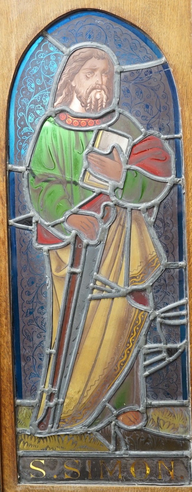 A pair of Victorian framed stained glass panels of St. Martin and St. Simon. 68.5cm tall                                                                                                                                    