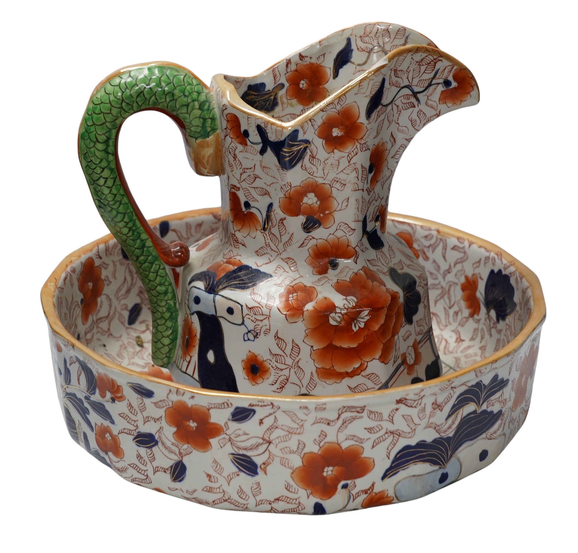 A Masons ironstone Hydra jug and bowl, together with two Royal Crown Derby dinner plates, jug 28cm high. Condition - poor                                                                                                   