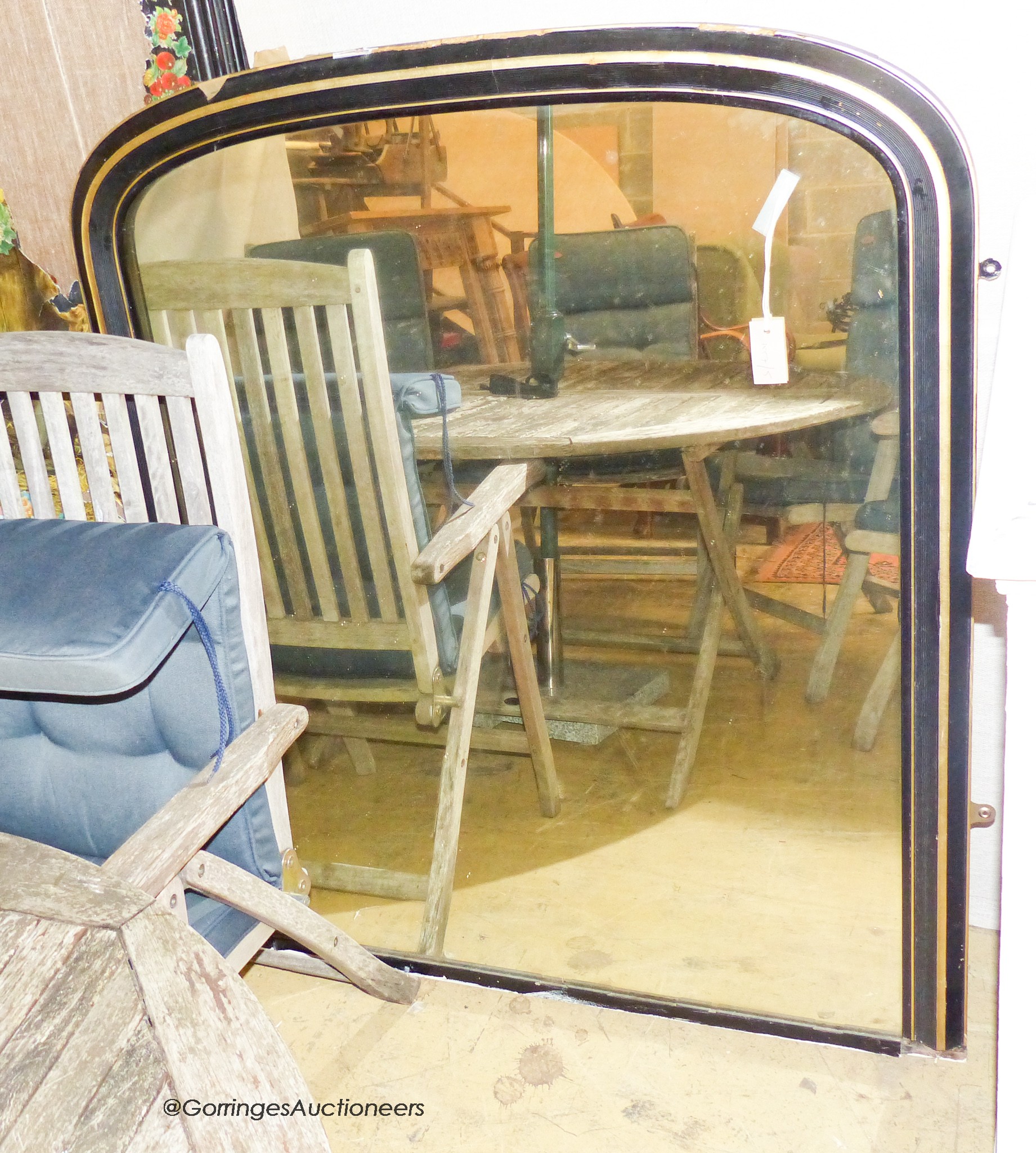 A Victorian ebonised parcel gilt overmantel mirror, width 108cm, height 129cm                                                                                                                                               