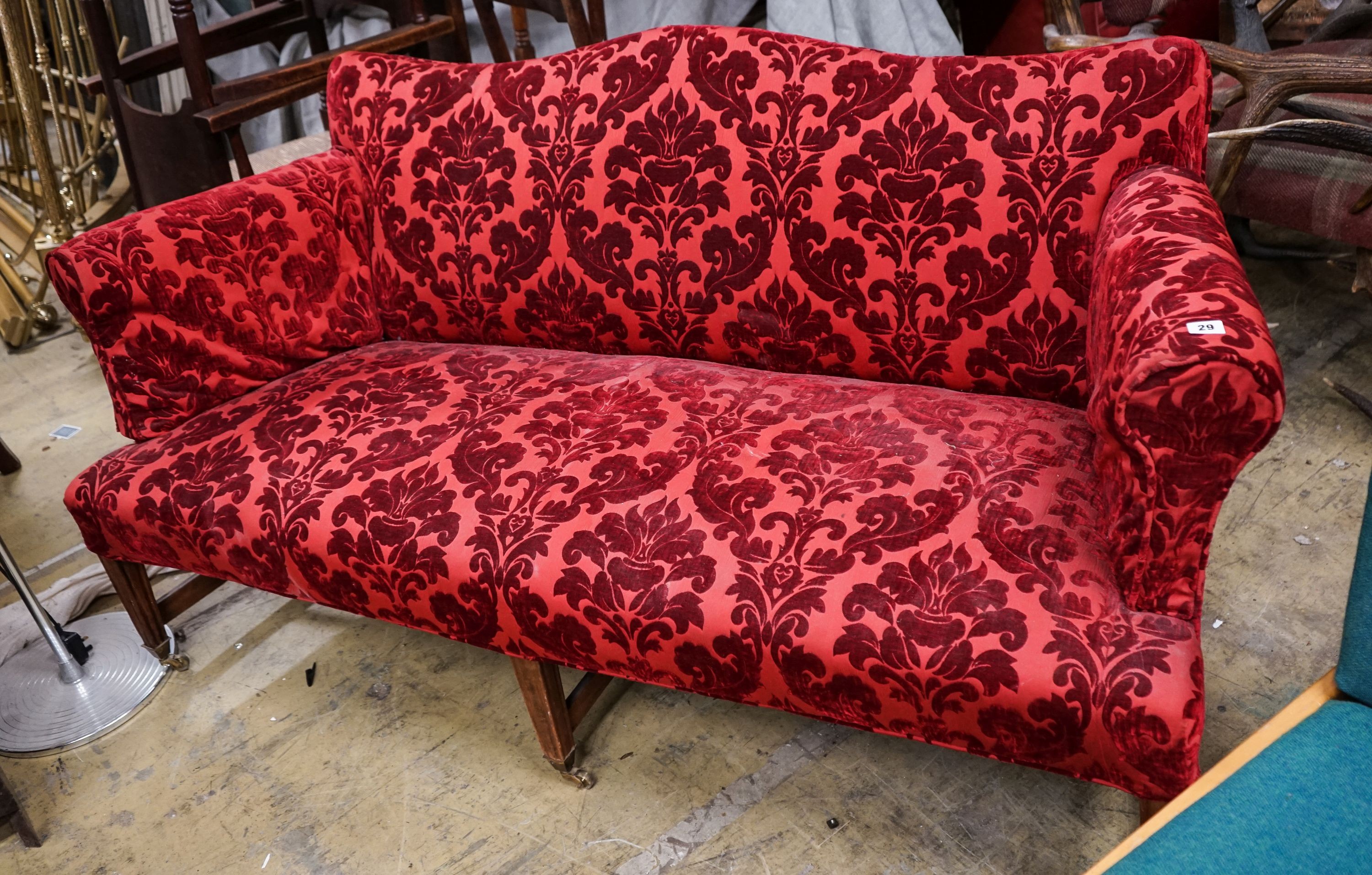 A George III upholstered settee, length 170cm, depth 70cm, height 83cm                                                                                                                                                      