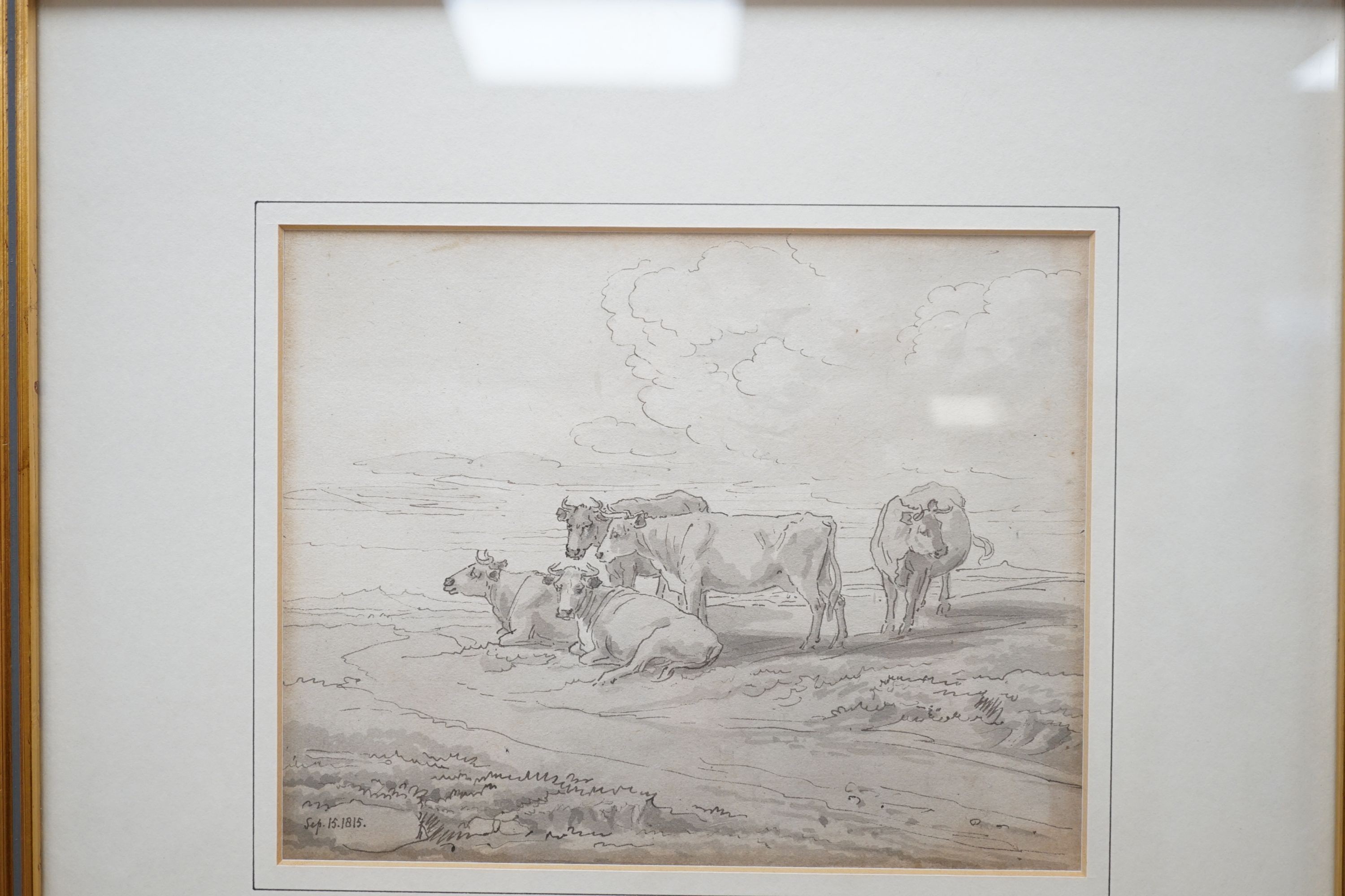 John White Abbott (1763-1851), Cattle resting, pen and wash drawing, inscribed Sep.15.1815, 15 x 19cm                                                                                                                       