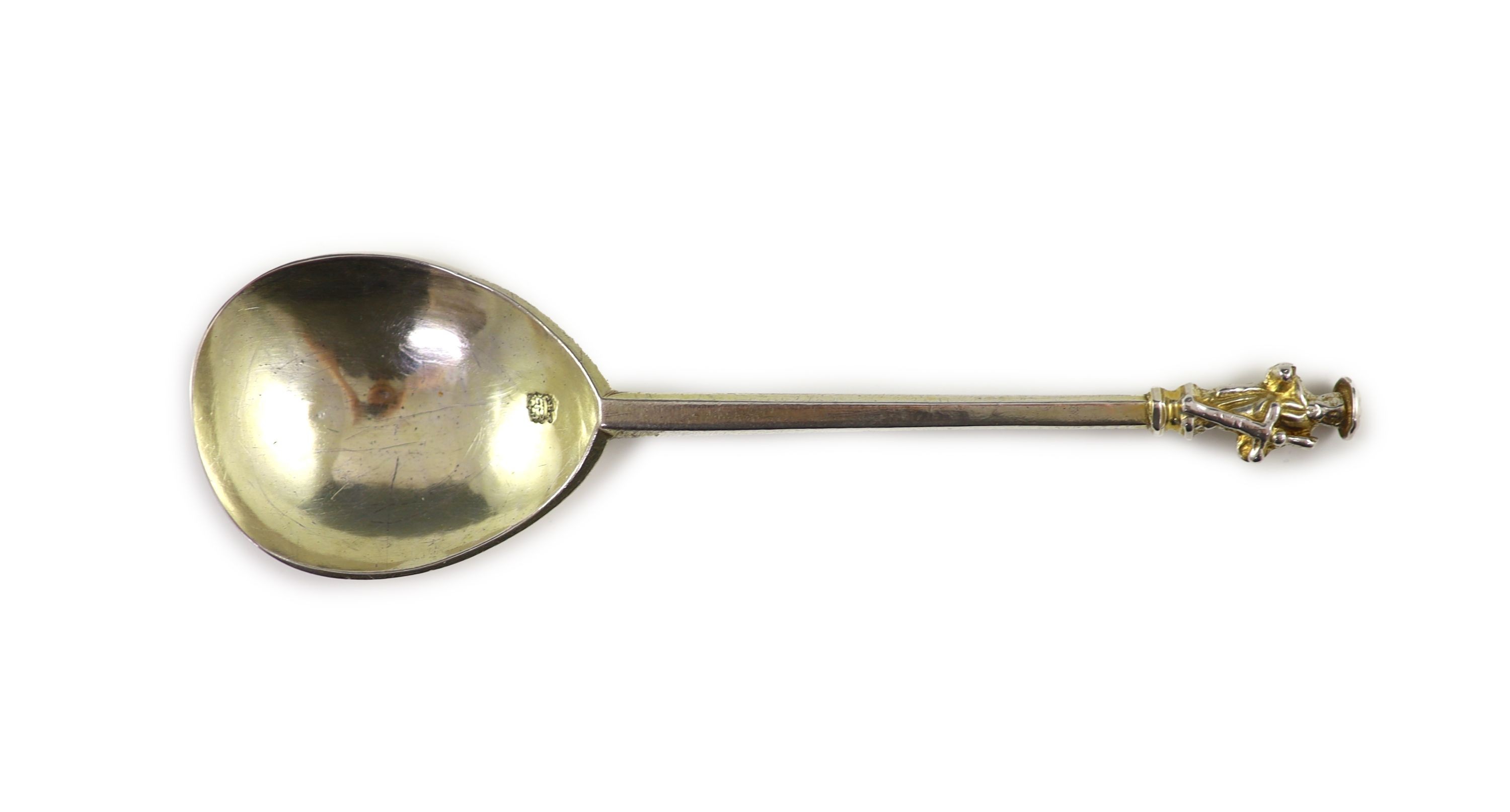 A James I silver apostle spoon, St James The Greater, indistinct maker's mark, possibly Daniel Cary, London 1624, 17.9cm, 65 grams.                                                                                         