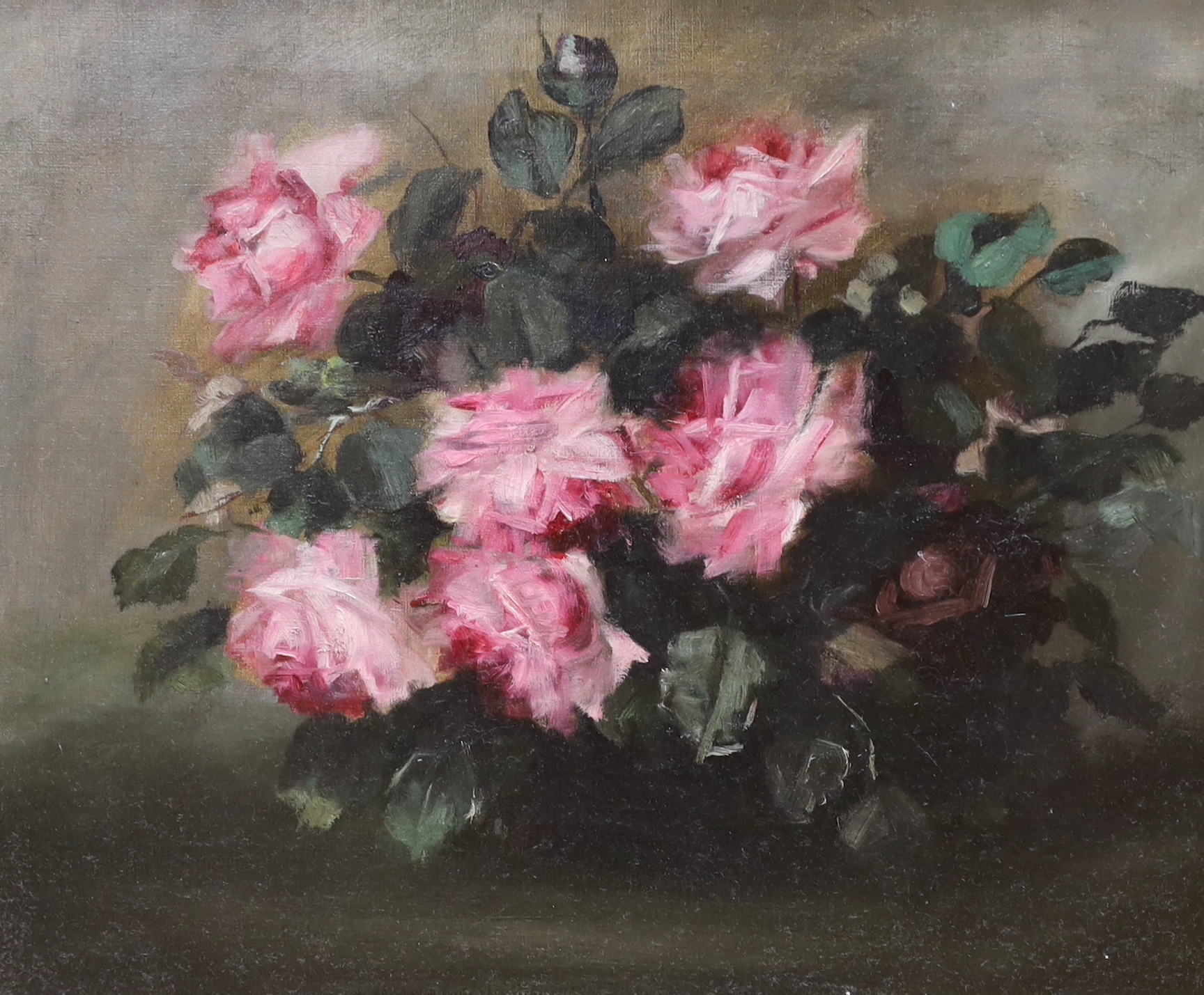 English School c.1910. oil on canvas, Still life of roses, unsigned, 44 x 54cm                                                                                                                                              