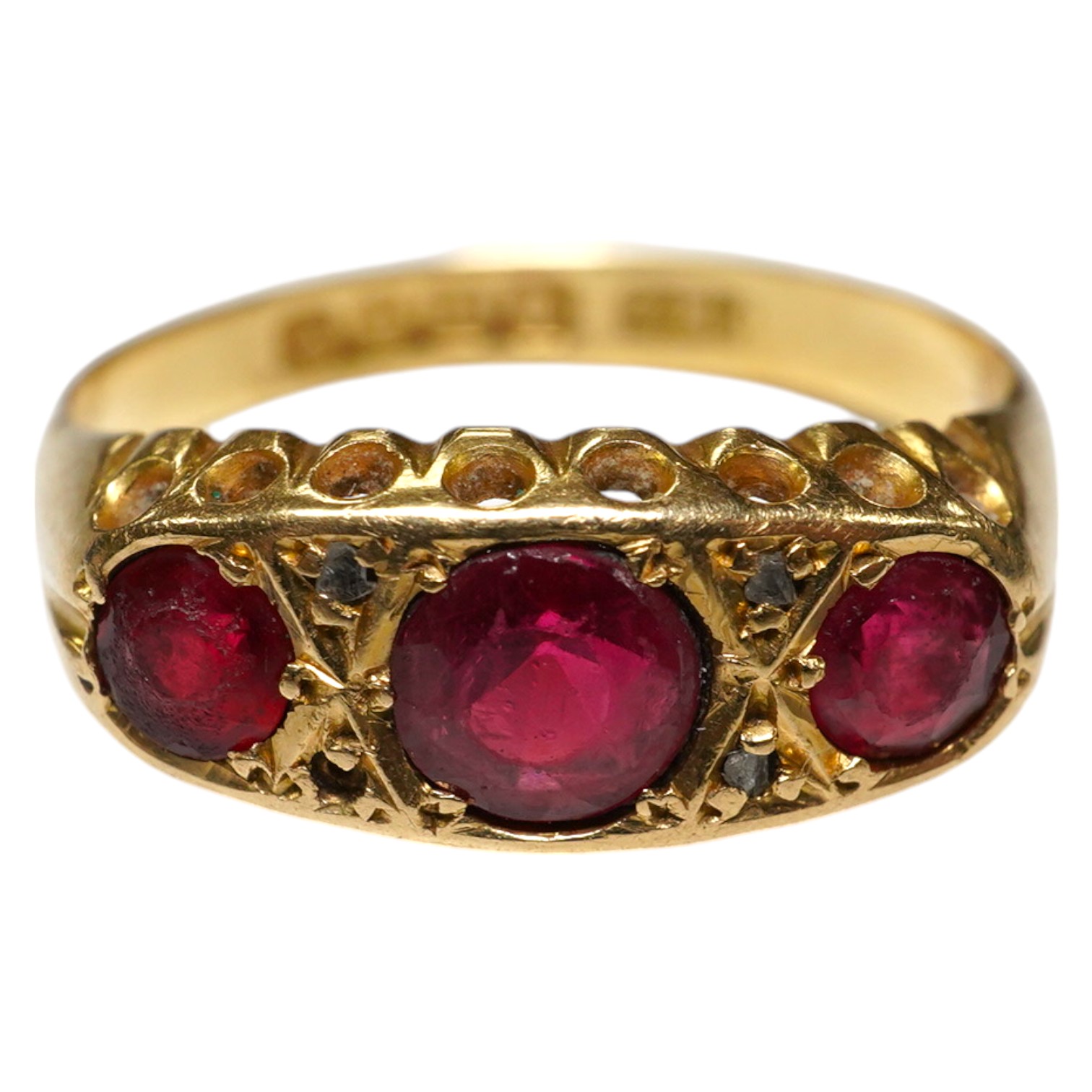 An 18ct gold, red doublet and diamond chip set dress ring, size N, gross 3 grams. Condition - poor.                                                                                                                         