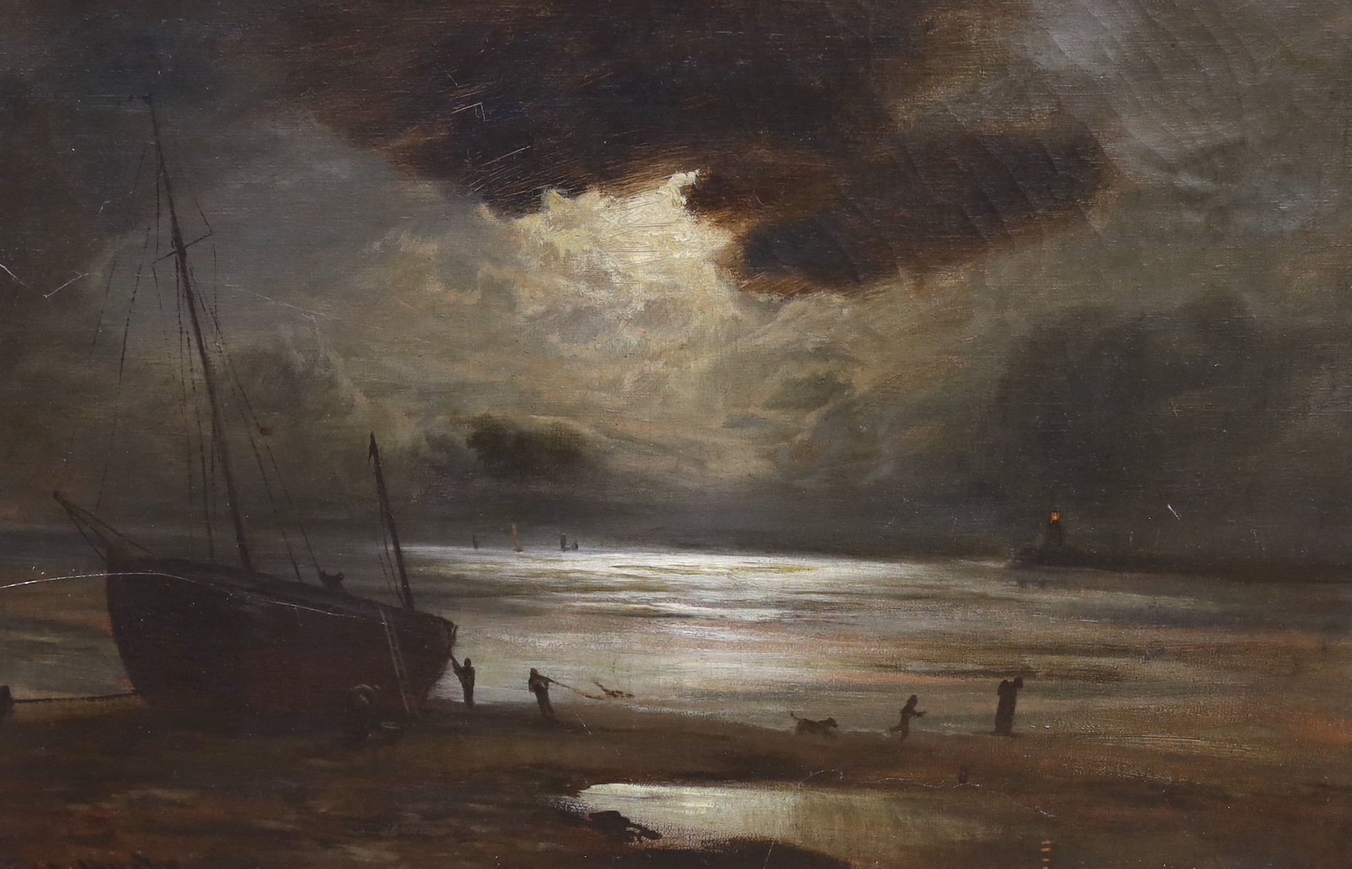 George Hyde Pownall (1876-1932), oil on canvas, Fisherfolk along the shore under moonlight, signed, 39 x 60cm                                                                                                               